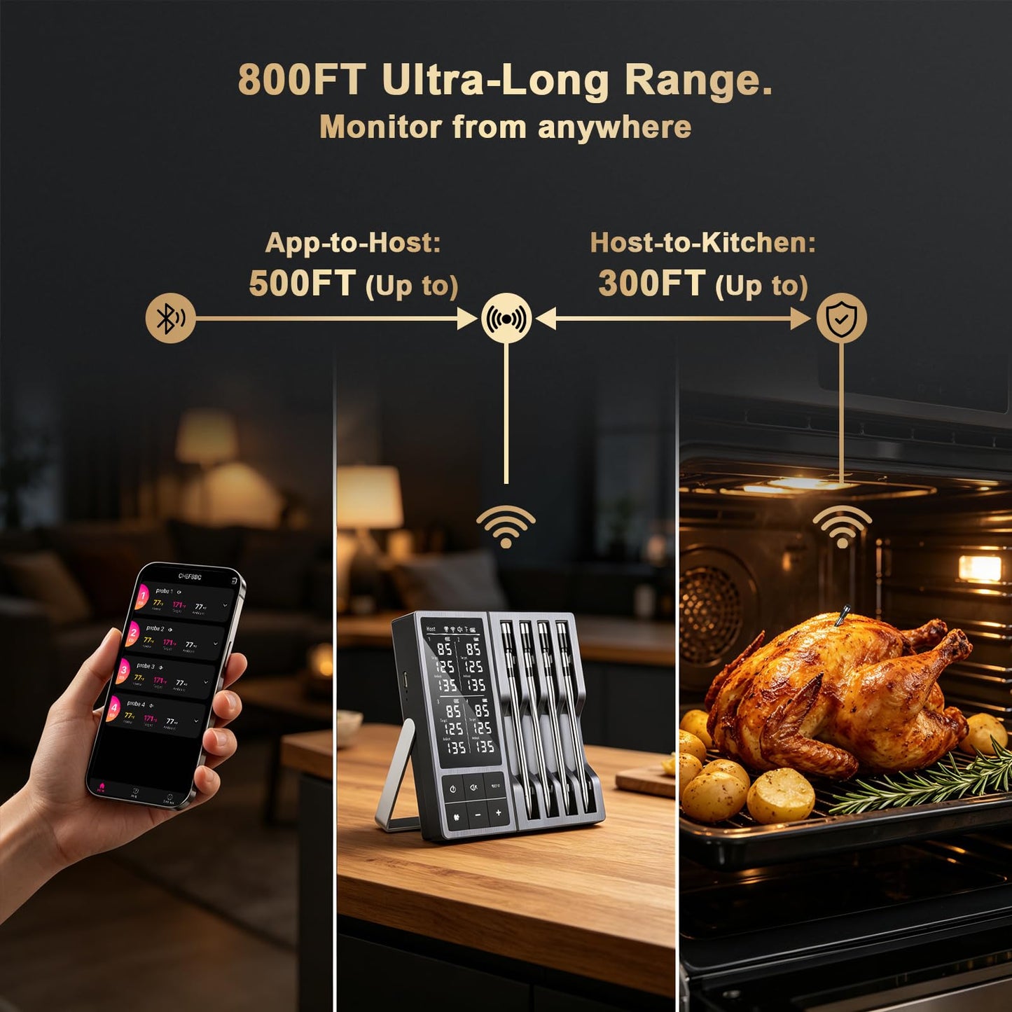 TASTYTI Wireless Meat Thermometer Digital with 4 Probes - 800FT Bluetooth Food Cooking Thermometer, Dual Sensors with NIST Certified Accuracy, Standalone Base for Kitchen Grill BBQ Oven Smoker