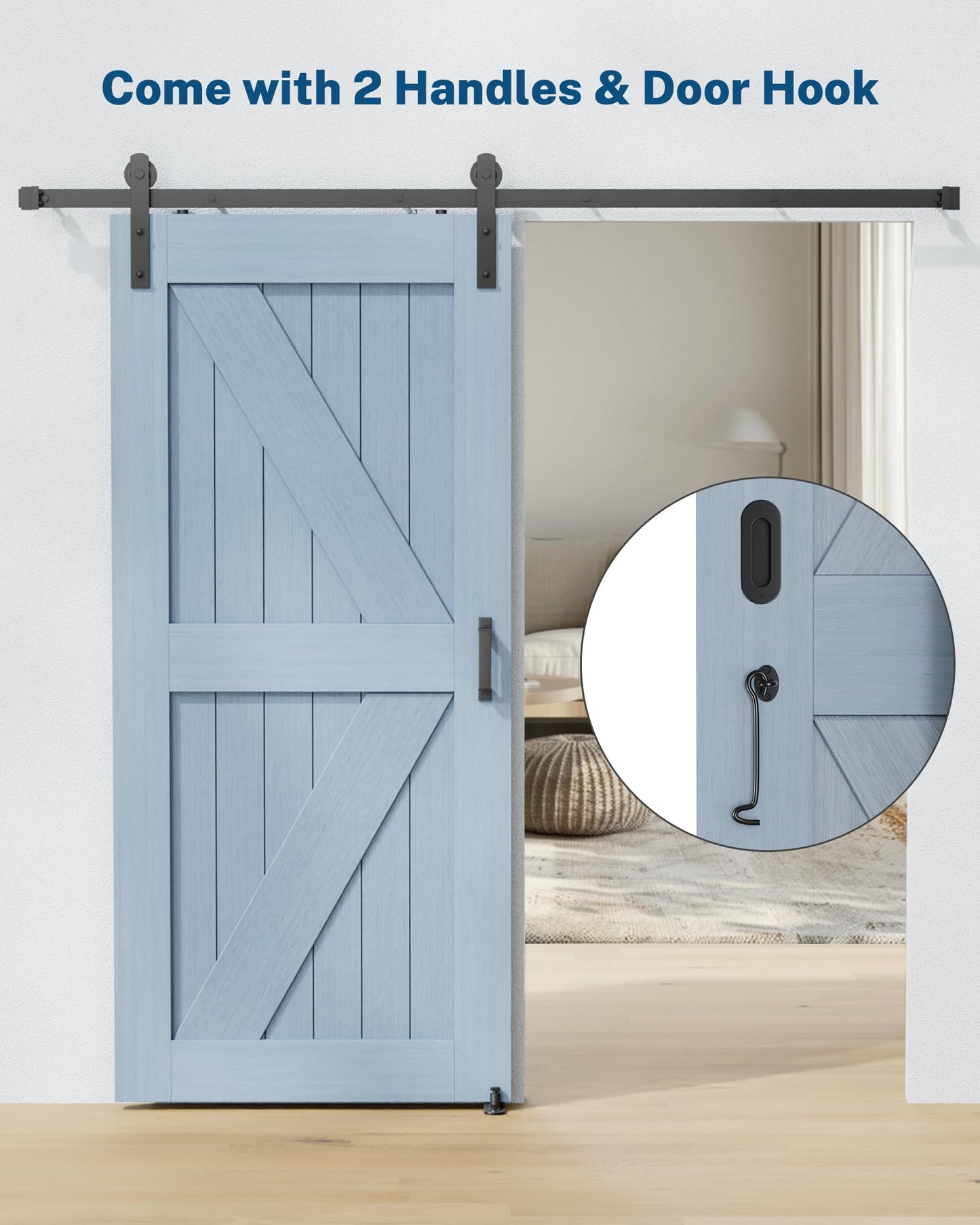 Titeck Barn Door Hardware Kit -6.6FT Sliding Door Hardware with Adjustable Floor Guide, 2 Handles and Latch -Fit 36''-40'' Wide Panel, I Shape Hanger, Black