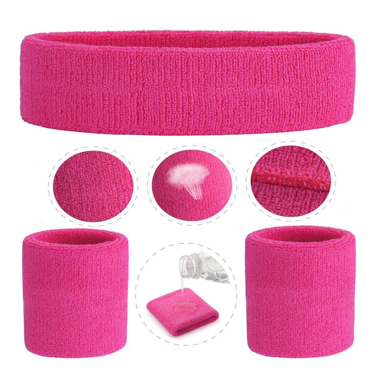 ONUPGO Pink Sweatband Set (3 Pieces) Cotton Headband/Wristbands for Men Women Girls Boys and Youth, Athletic Headbands Fit for Sports, Running, Yoga, Basketball, Football, Cycling, Gym