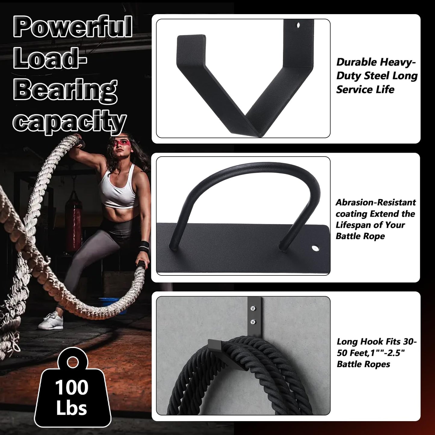Pafeooui Battle Rope Wall Mount Kit, Heavy Duty Steel Anchor and Storage Hook for 30-50 Feet,1"-2.5" Ropes, Black