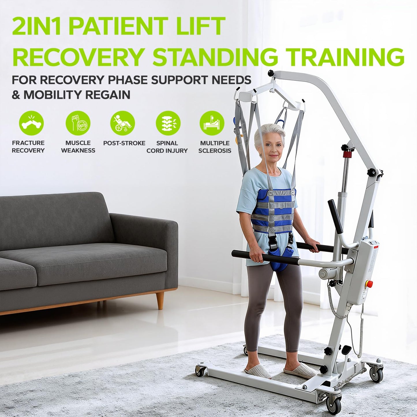 2IN1 Electric Patient Lift with StandUp Assist | 8000N Body Transfer Lift for Home Use | Wheelchair, Toilet Transfers,Rehabilitation Recovery | Elderly Disabled Mobility Aid | 2 Slings Battery Powered