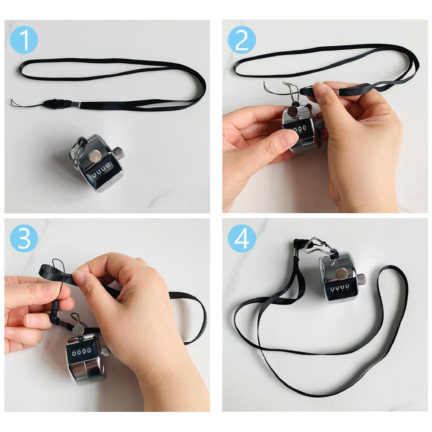 BGJRBY 3 Pack Hand Tally Clicker Counter 4 Digit Display Mechanical Palm with Metal Finger Ring for Coaching, Knitting, Lap, Fishing, Golf and Row Sport with 2-Nylon Lanyard (Black White Silver)