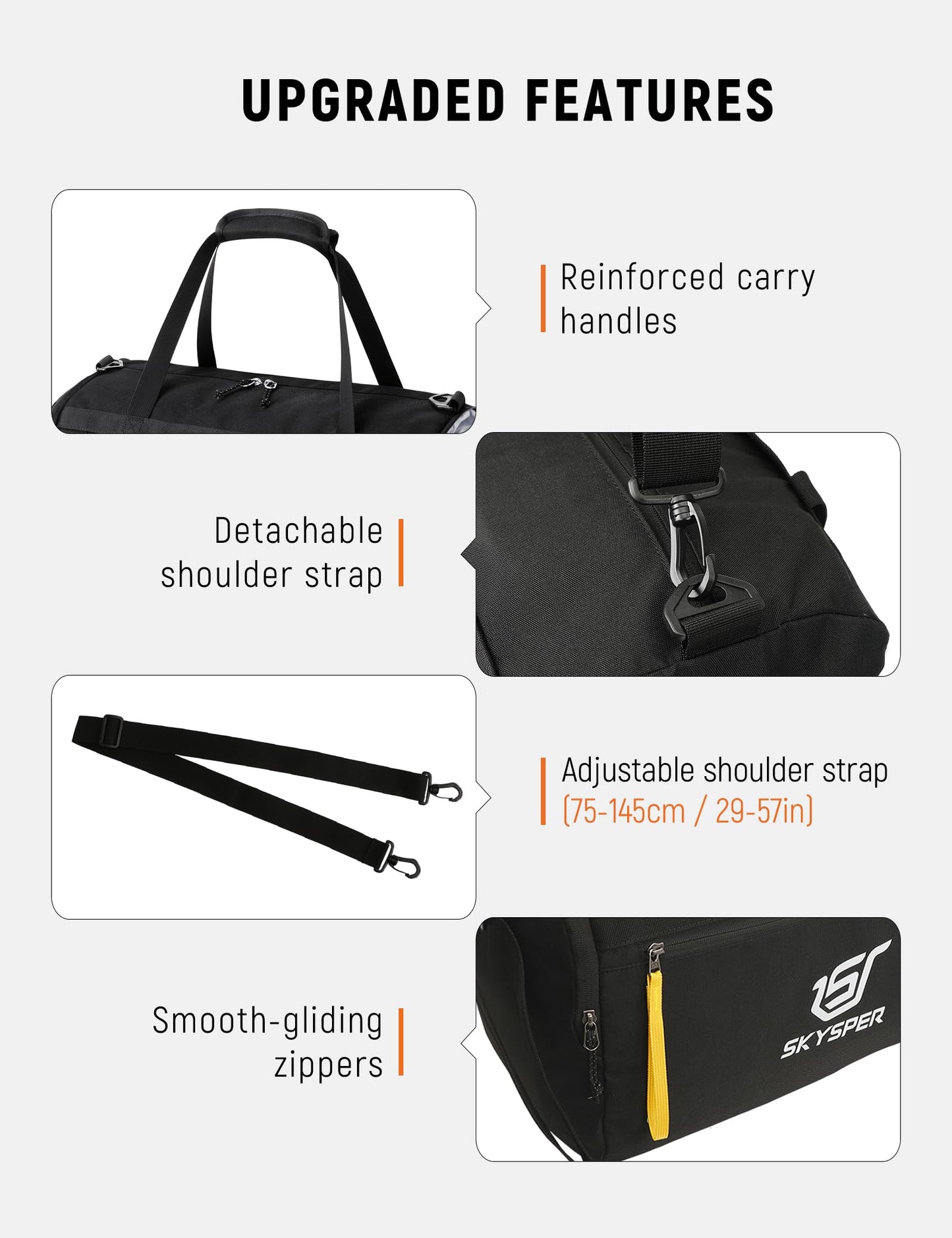 SKYSPER 30L Gym Duffel - Sports Bag Small with Wet Pocket for Sport, Travel, Fitness & Workout Men Women(Black)