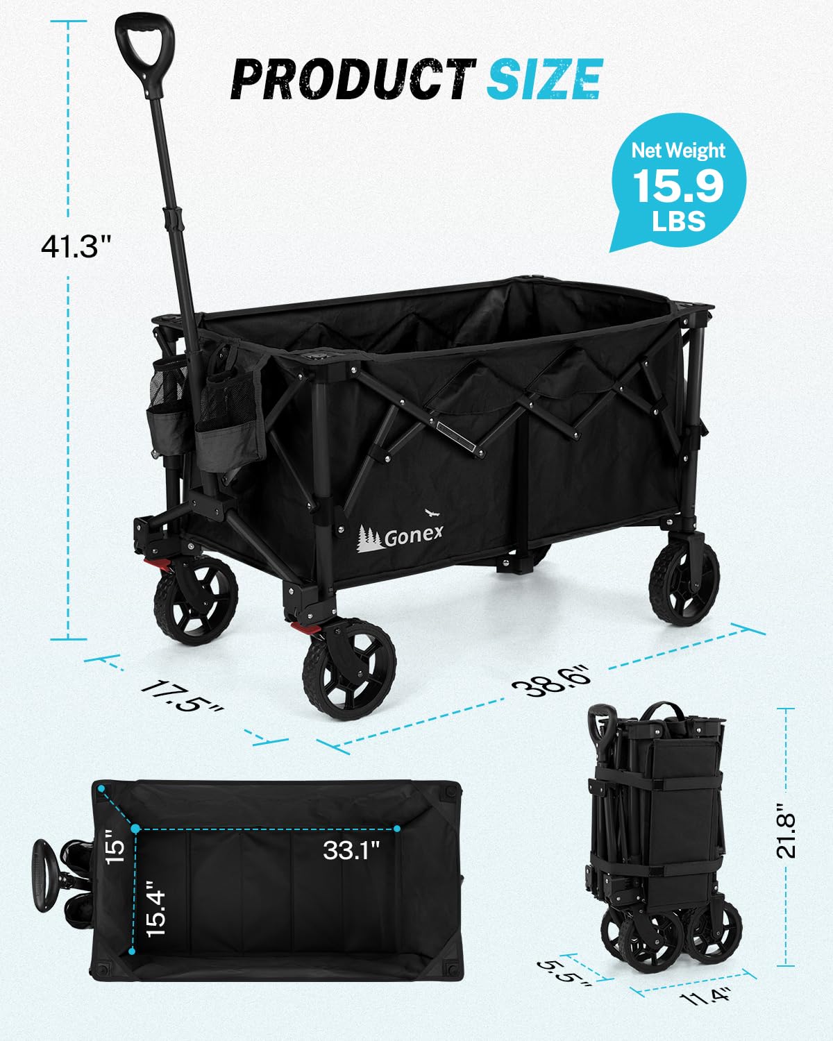 Gonex 38''L Collapsible Foldable Wagon Cart with 360lbs Weight Capacity,220L Folding Utility Garden Cart with Detachable Wheels for Grocery Sports Shopping Camping - Black