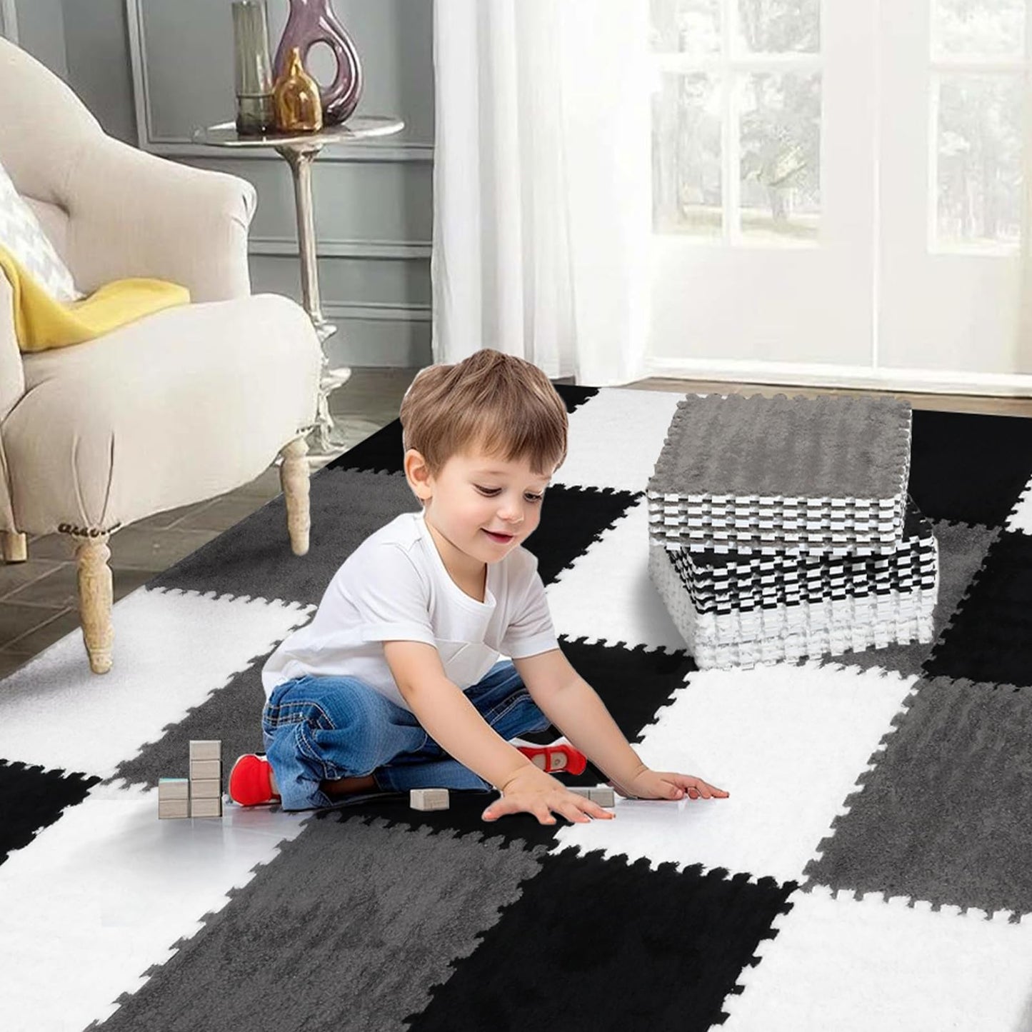 12 Pcs Plush Interlocking Carpet Tiles, Non-Toxic Foam Carpet Tiles for Toddler Baby, Anti-Slip, EVA Foam Interlocking Tiles for Floor, Nursery, Playroom, Grey White Black