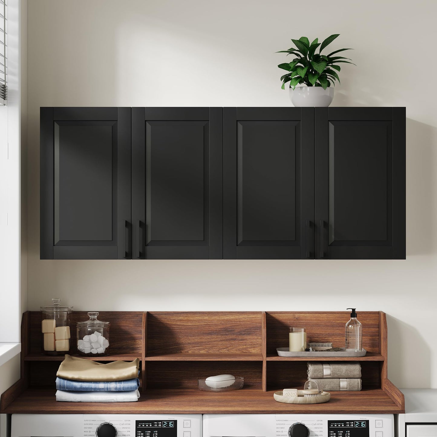 ChooChoo Laundry Room Cabinets, 4 Doors Wall Mounted Storage Cabinet, Kitchen Wall Storage, Bathroom Wall Cabinet, Black