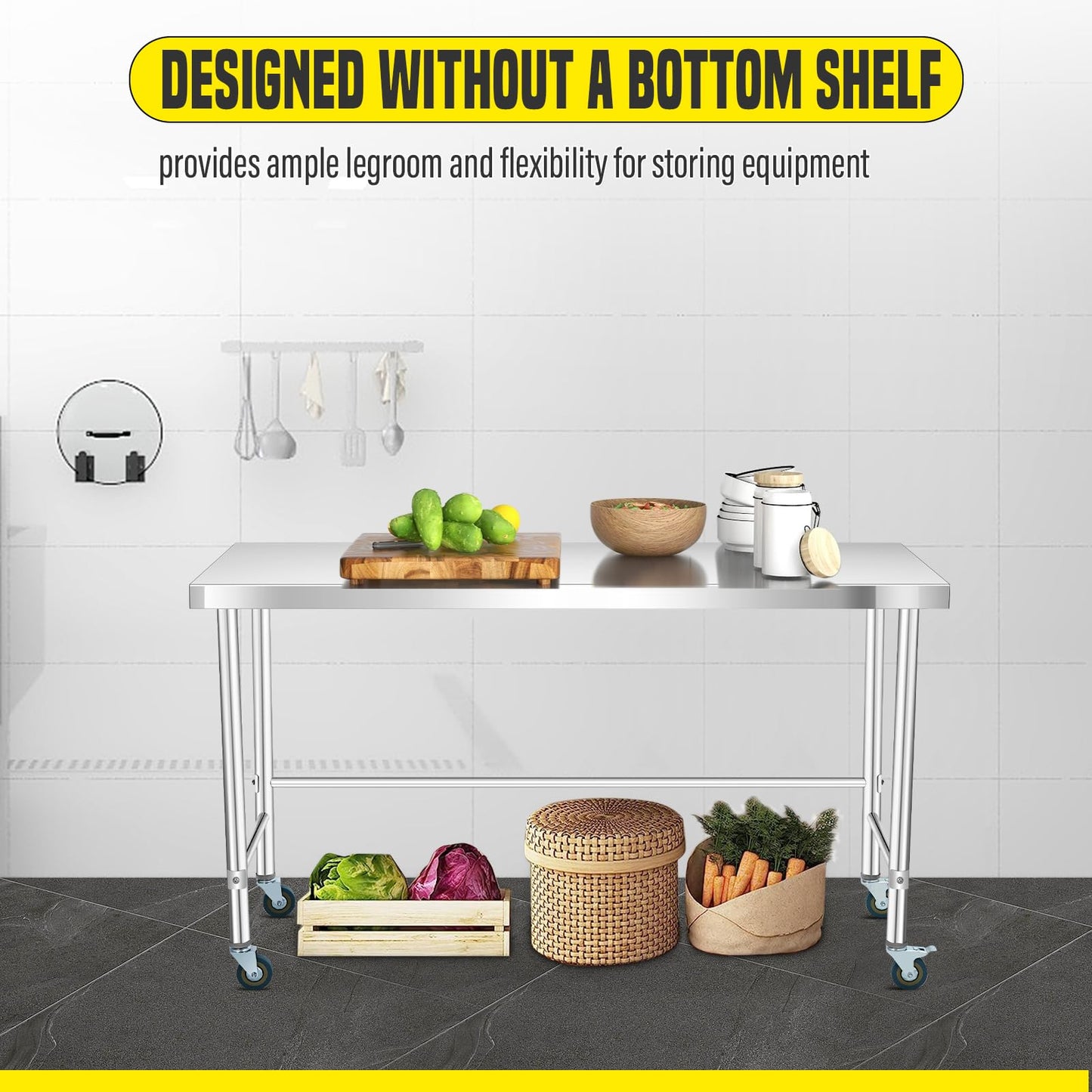 COZONY Stainless Steel Table 48x24 Inch, Kitchen Restaurant Stainless Steel Prep Work Metal Table Countertop with Open Base