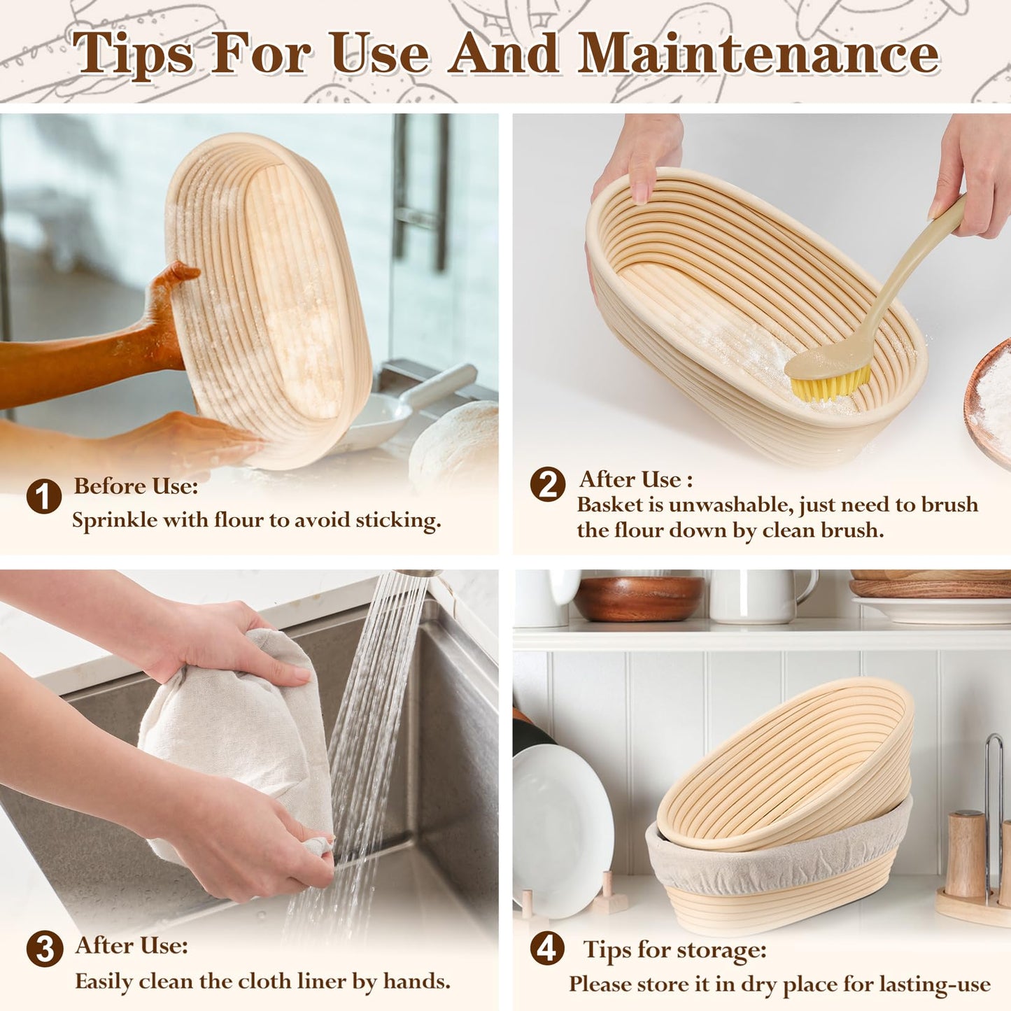 P&P CHEF Sourdough Bread Proofing Basket Set of 2, 10 Inch Oval Dough Proofing Bowls, Sourdough Bread Baking Supplies for Bakers, Handmade Rattan Baskets with Cloth Liner