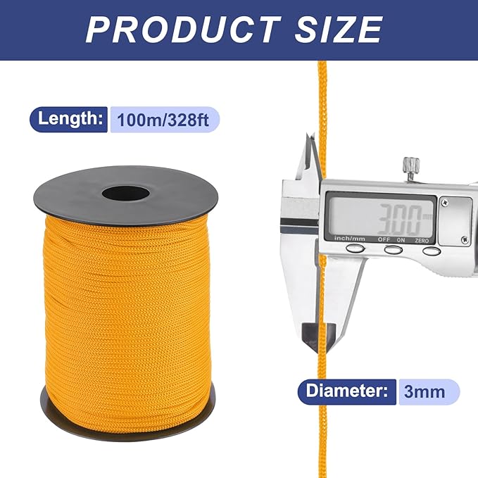 MECCANIXITY 1/8 Inch Polypropylene Rope Braided Ropes, 328ft Nylon Rope Hollow Utility Cord for Clothesline, Camping, Hiking, Outdoor, Orange Yellow