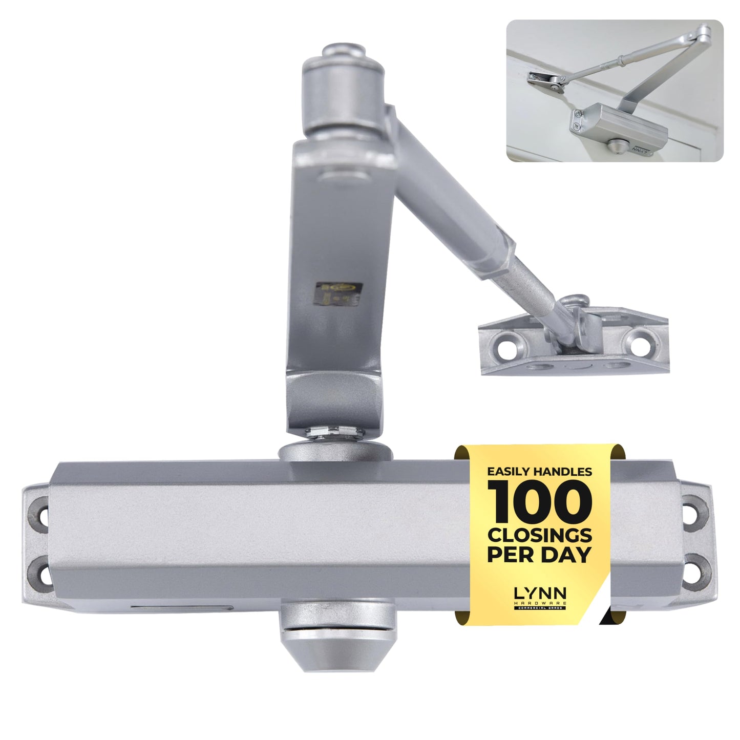 LYNN HARDWARE Medium Duty Automatic Door Closer (Silver) - Highly Durable Cast Aluminum, Commercial or Home Use, Adjustable Speed Controls, 3 Mounting Options, 3 Hour Fire Rated (DC6003 Model)
