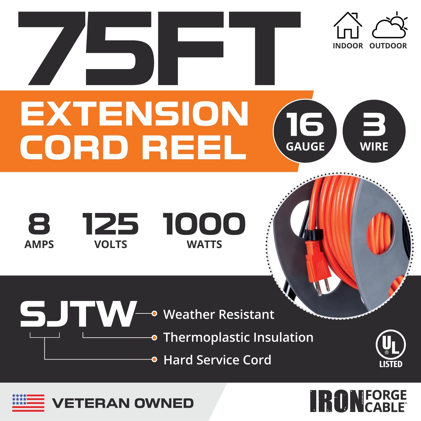 Iron Forge Cable 50 Ft Outdoor Extension Cord - 3 Outlets - 12/3 SJTW Heavy Duty Yellow 3 Prong, 15 AMP & 75 Ft Extension Cord Reel with 4 Electrical Outlets & Breaker Switch - 16/3 SJTW Orange Cable