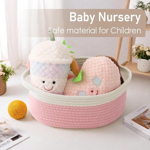 JMvicyroam Woven Basket - Small Rope Storage Bin with Handles | Organizer for Shelves & Closets - White & Pink (2 Pack)