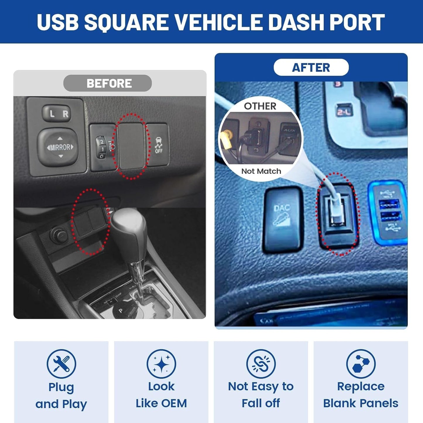 RAV4 (34*23mm) Anina USB Port Car Charger for Toyota, Male to Female USB Power Socket Adapter, Panel Flush Mount