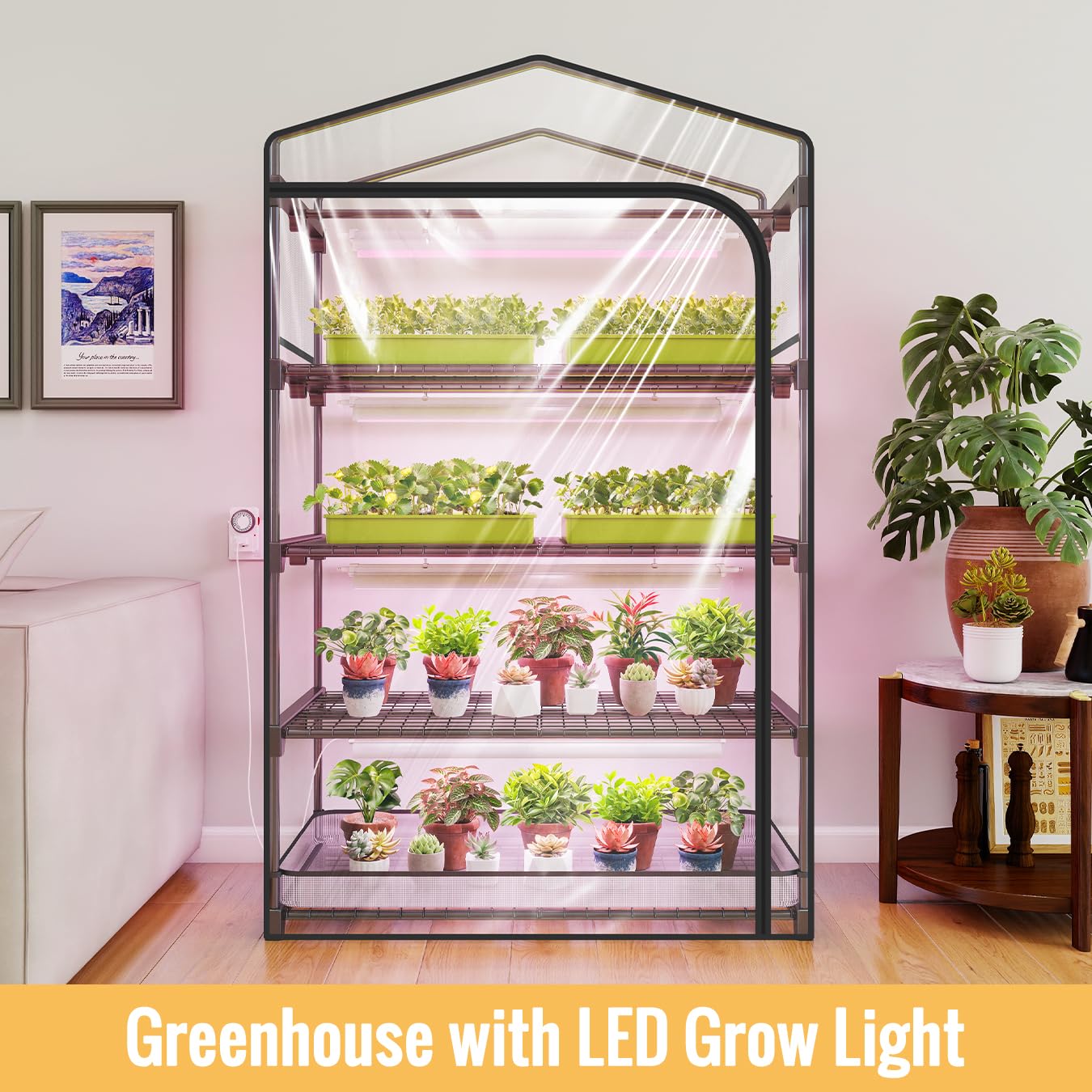 SpeePlant Indoor Greenhouse with Grow Light, 4-Tier Plant Shelf with T5 1.6FT 32W Full Spectrum LED Grow Light for Seed Starting, Succulent, Settable Timer Socket, 39" L x 19" W x 64" H