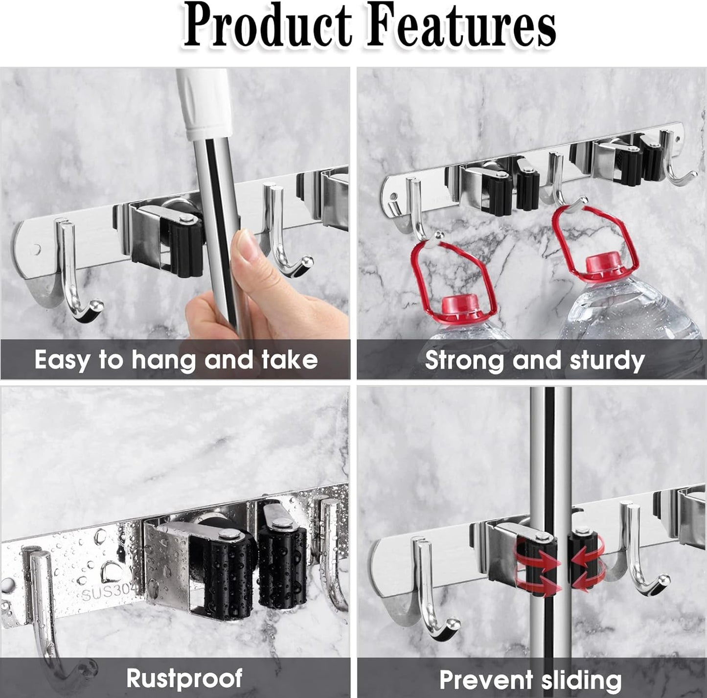 Skiennix Wall-Mounted Broom and Mop Holder - Heavy-Duty Stainless Steel Organizer with 2 Racks & 3 Hooks