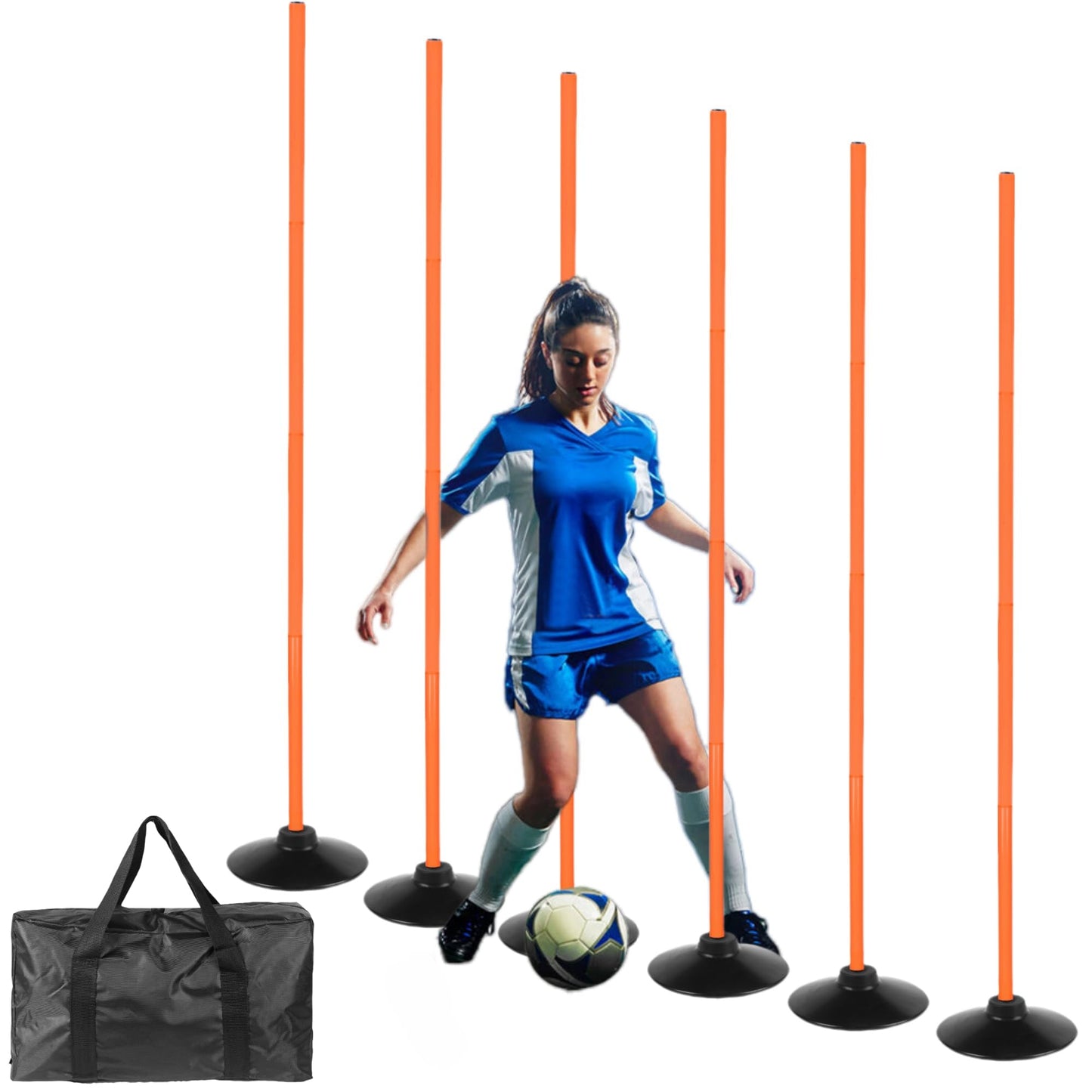 Nbguigdstr 6 Pcs 5 FT Adjustable Agility Training Poles for Soccer,Basketball,Football, Horse,Dog-Speed and Agility Training Equipment Sports Training Poles with Rubber Bases and Bag (Orange)