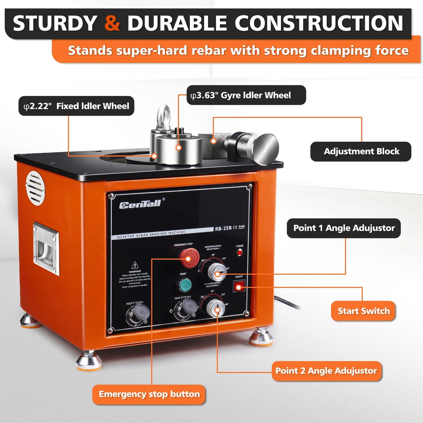 CENTALL Electric Hydraulic Rebar Bender,1600W Desktop Electric Rebar Bender,Bending up to 1 Inch #8 6-25mm Rebar Bending Angle 0-180 Degrees,with Foot Pedal for Bending Steel Rope (RB-25)