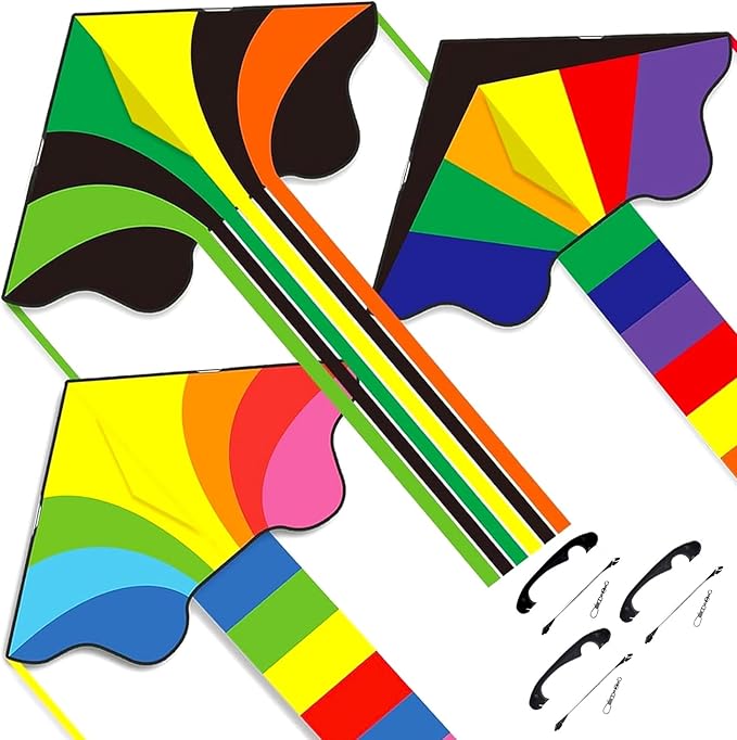 Rainbow Delta Kites(3 Pack), Easy to Fly Kites for Kids Ages 3-5 & 4-8 - Single Line Beach Kite for Toddlers and Beginners.