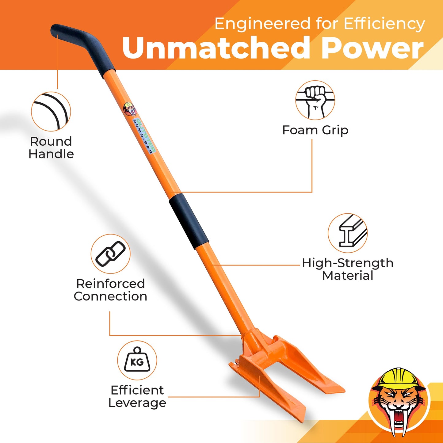 Gutster 48” Demolition Pry Bar & Crowbar – Round Handle Wrecking Bar for Ceiling & Wall Demo – Heavy Duty Nail Puller Tool for Contractors, Firefighters & Home Renovations