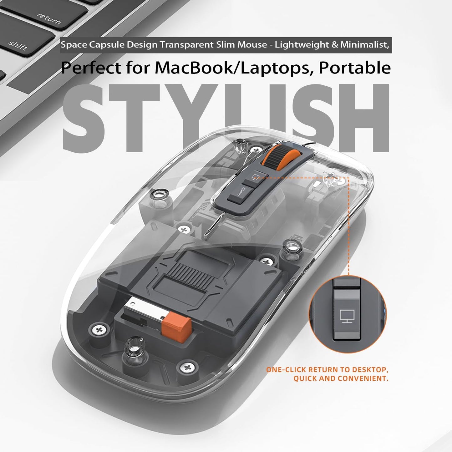 FMOUSE 3-Mode Sleek Transparent Magnetic Wireless Mouse - Connectivity (Dual Bluetooth + USB), DPI Adjust & One-Key