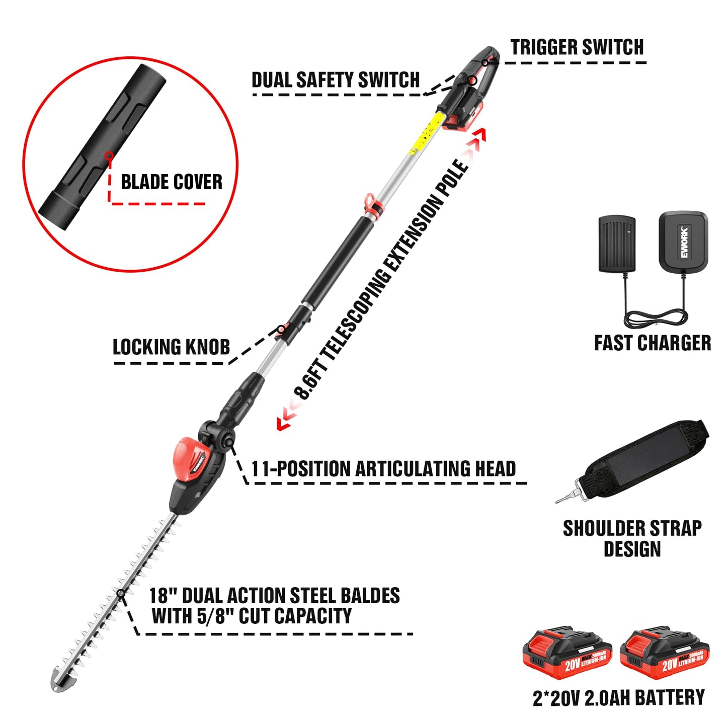 EWORK 20V Cordless Pole Hedge Trimmer with 2 Batteries and Charger, 18-Inch Blade Pole Trimmer, 6.3Ft-8.6Ft Extended Reach, 11-Angle Pivoting Head, Lightweight 6 LBS Battery Powered Bush Shrub Cutter