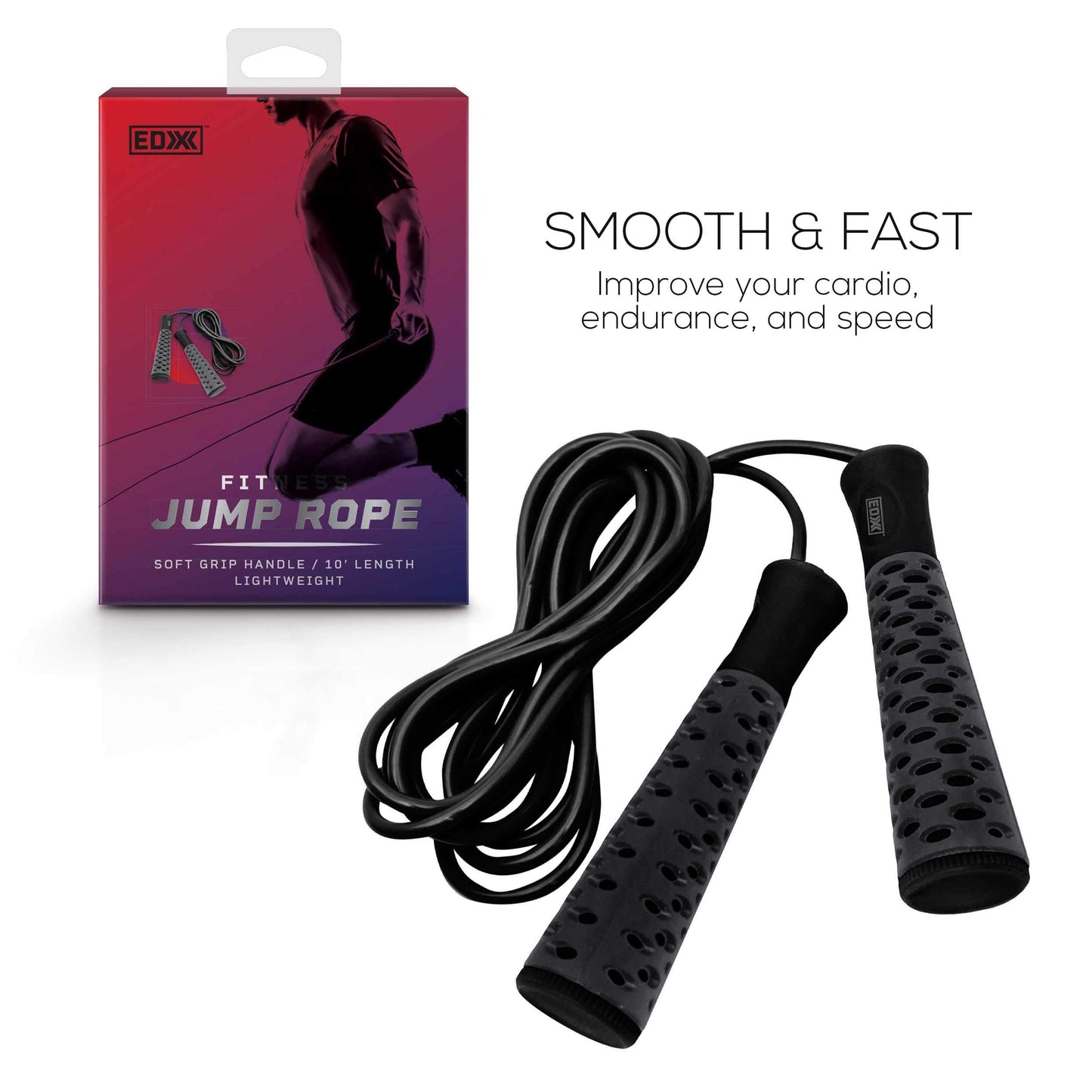 EDX Jump Rope for Fitness, Workout, Exersise - Tange-Free, Hand Grip | 10 ft, Black