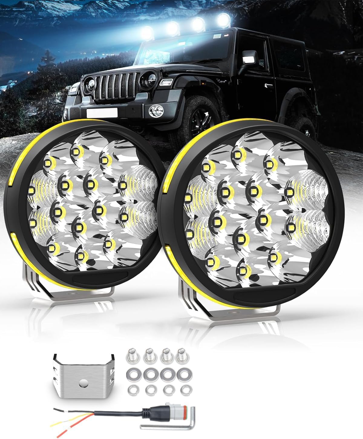 NAVOROGE 5 Inch LED Light Pods, Round Offroad Light with Amber DRL, Wide Range Flood Spot Beam LED Driving Lights for ATV UTV SUV Pickup Motorcycle(2 Pcs)