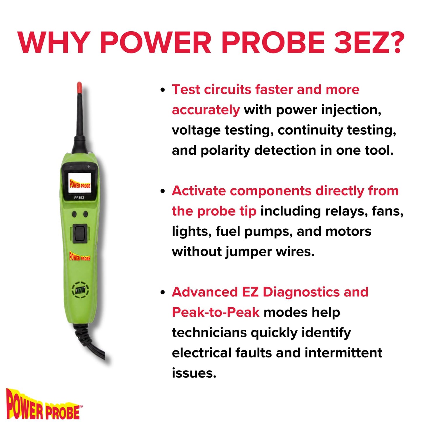 Power Probe PP3EZCS Circuit Tester with Learning and Diagnostics Mode for Easy Automotive Electrical and Component Testing for 12 to 24 Volts Electrical Systems – Tool Only (Green)
