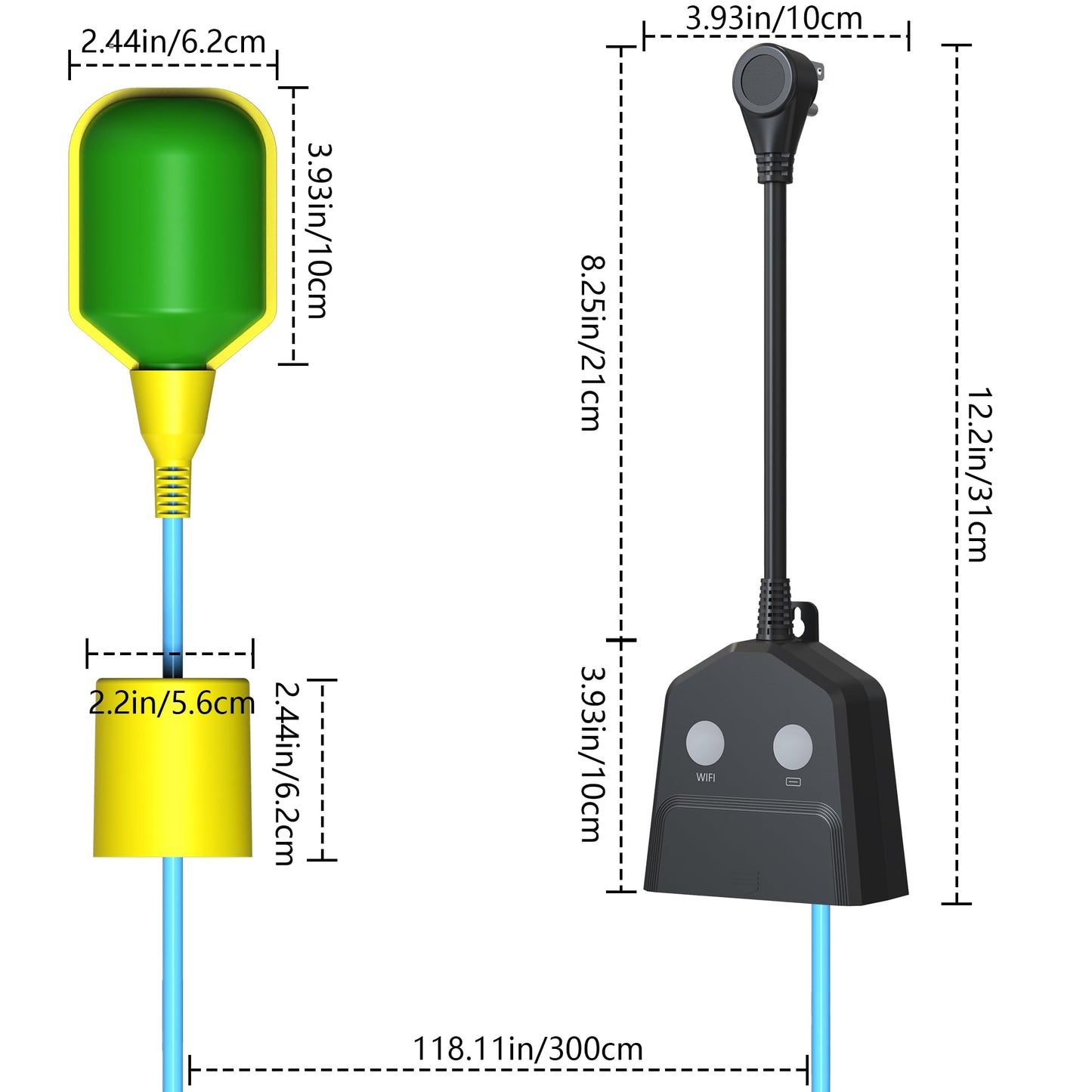 Sump Pump Alarm WiFi, Smart High/Low Water Level Alarm with Alarm-activated Outlet, Free App Alerts,Built-in Backup Battery,110dB Siren,10ft Float Switch for Septic Tank, Sump Pump, Ponds & Water Tank