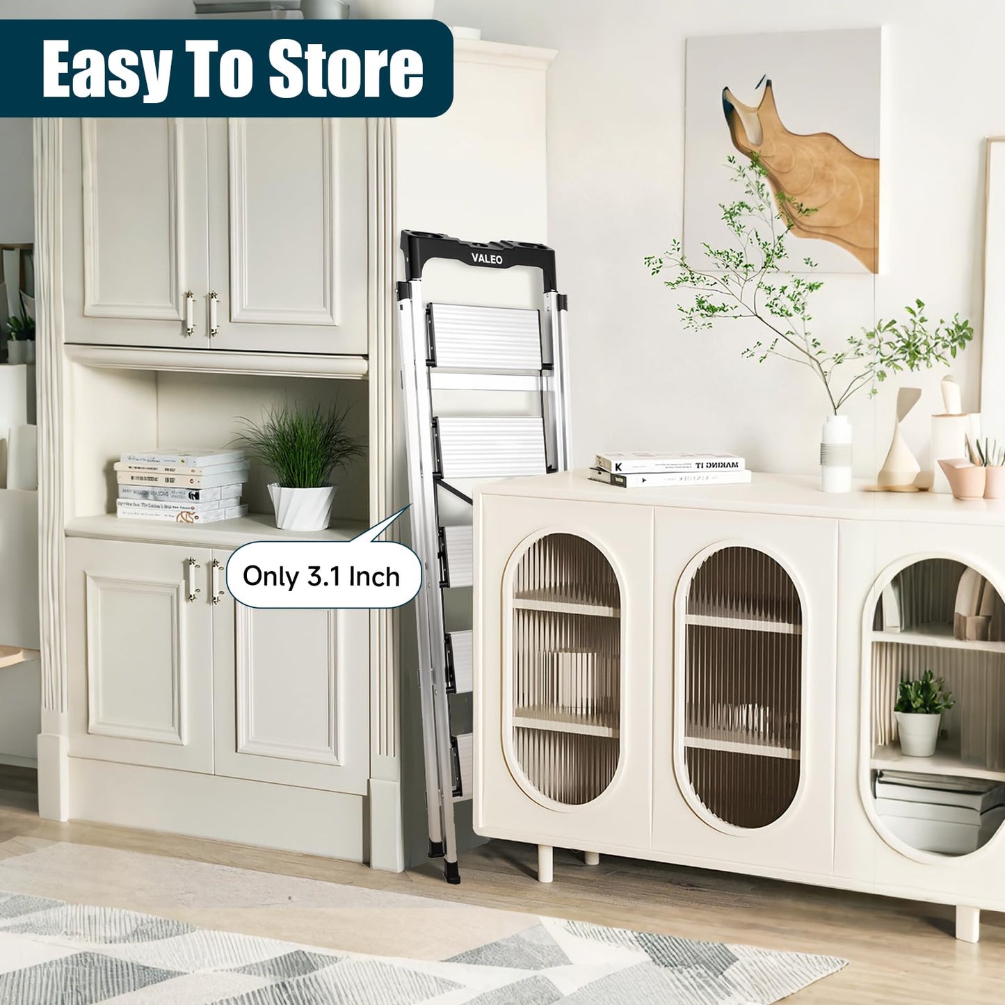 Valeo Aluminium 5 Step Ladder with Retractable Handgrip,Anti-Slip Pedal,330 lbs Capacity,Folding Step Stool for Kitchen, Garage, Home, Space Saving, Sturdy and Portable, Silver