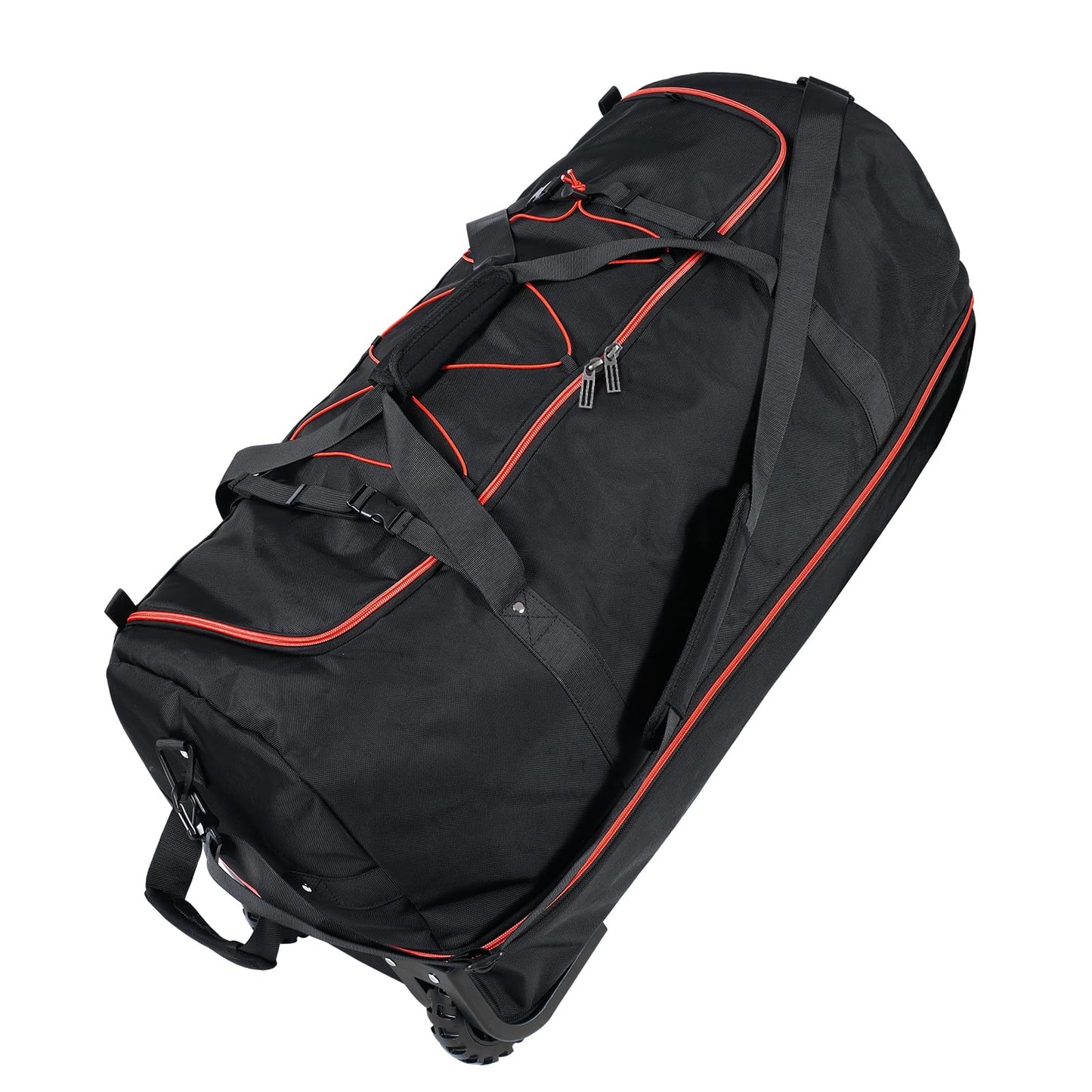 Vrtisa 110L Expandable to 140L 32” Foldable Oxford Soft-Sided Rolling Duffle Bag with 2 Heavy-Duty Wheels,2 Large Compartments,Adjustable Shoulder Strap and Attached Organizer Pouch,Black Red