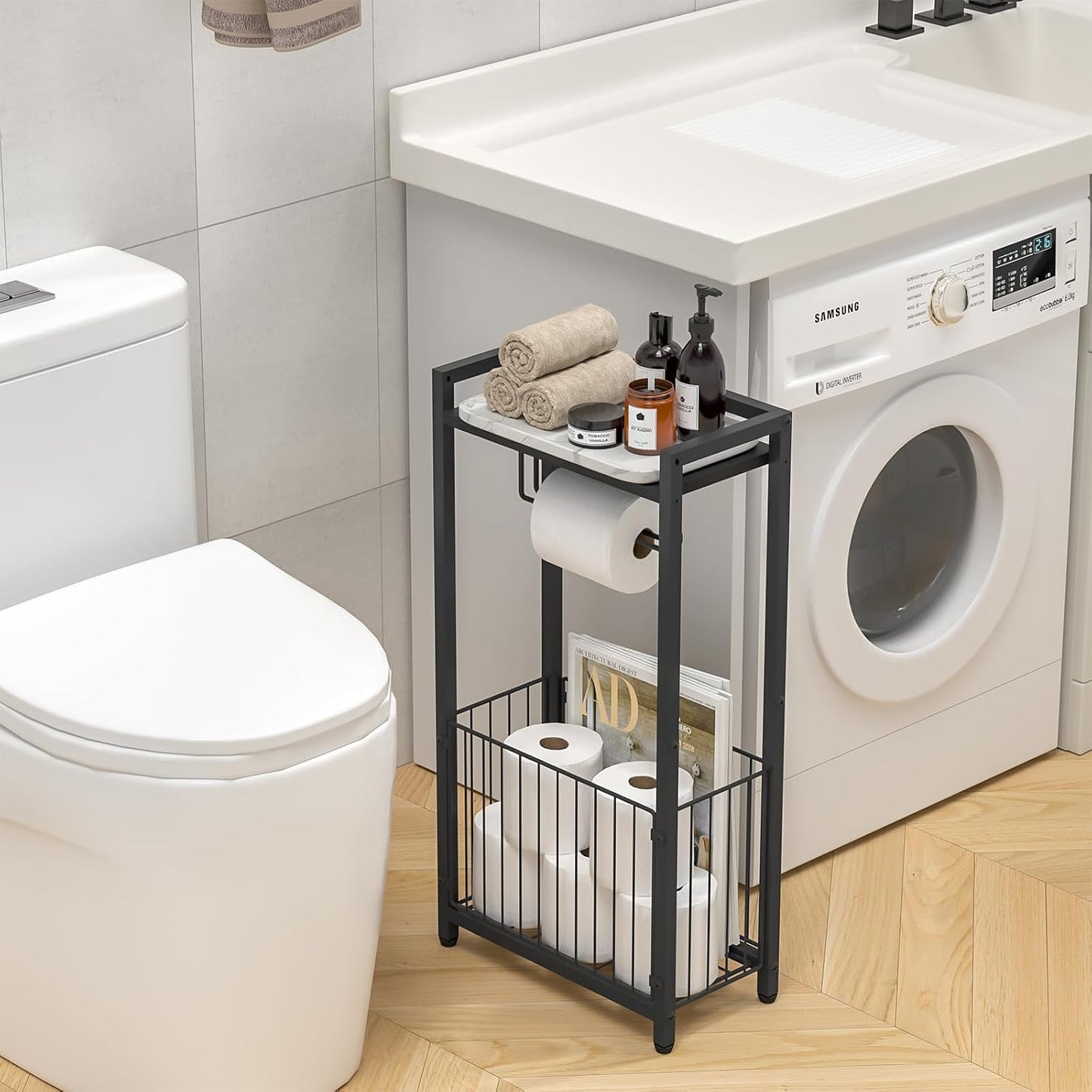 Skiennix Freestanding Toilet Paper Holder - Stylish Bathroom Tissue Stand with Storage Shelf for Phone & Magazines