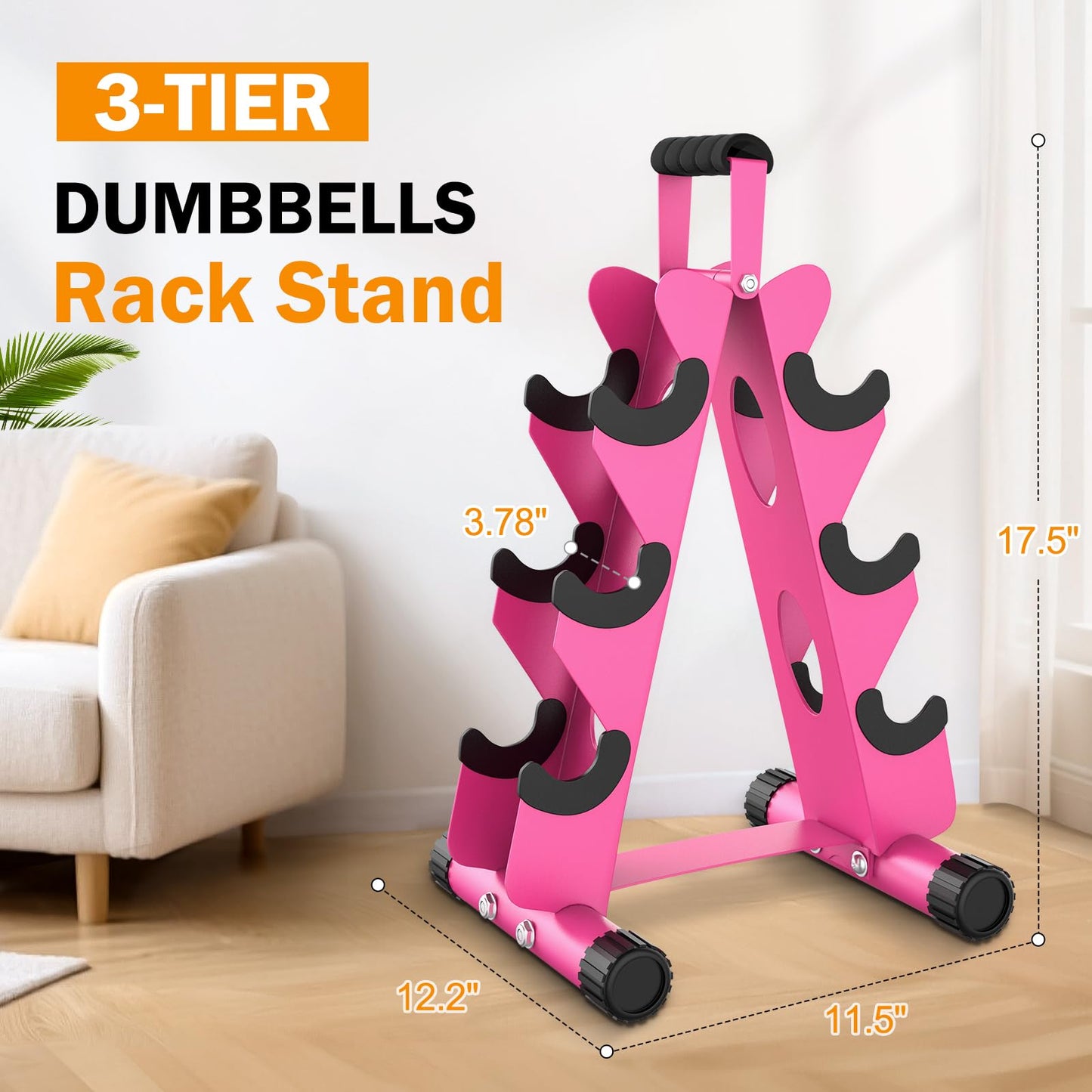 AmazeFan 5 Tier | 3-Tier Dumbbell Rack Stand Only, A-Frame Design Weight Rack with Handle, Weights Metal Strength Training Dumbbells Storage Rack for Home Gym Space Saver (Dumbells not Included) (Pink, 3 Tier)