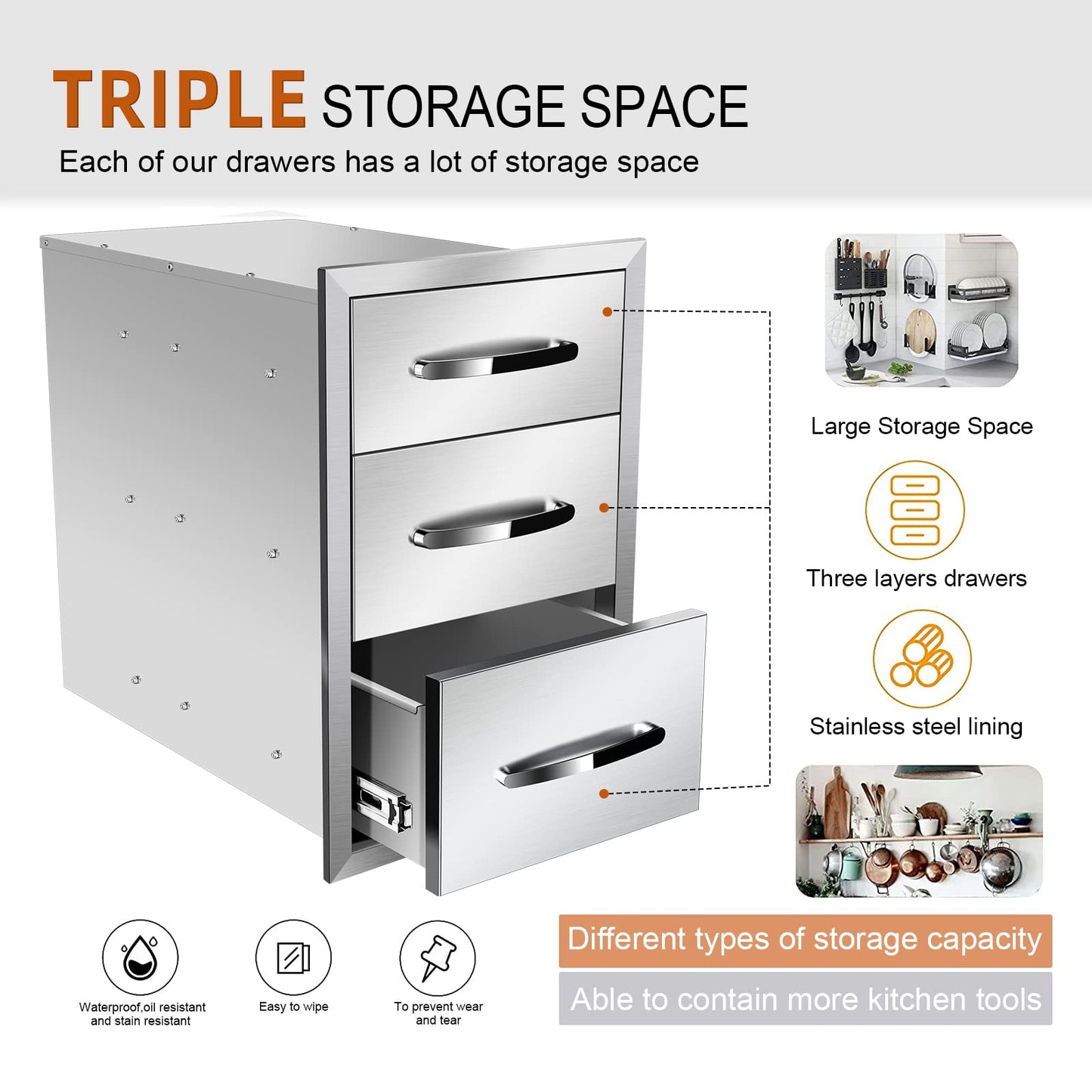 KODOM Outdoor Kitchen Drawers 14'' W x 21'' H x 21'' D, Flush Mount Triple Access BBQ Drawers for Outdoor Kitchens or BBQ Island Patio Grill Station, Silver