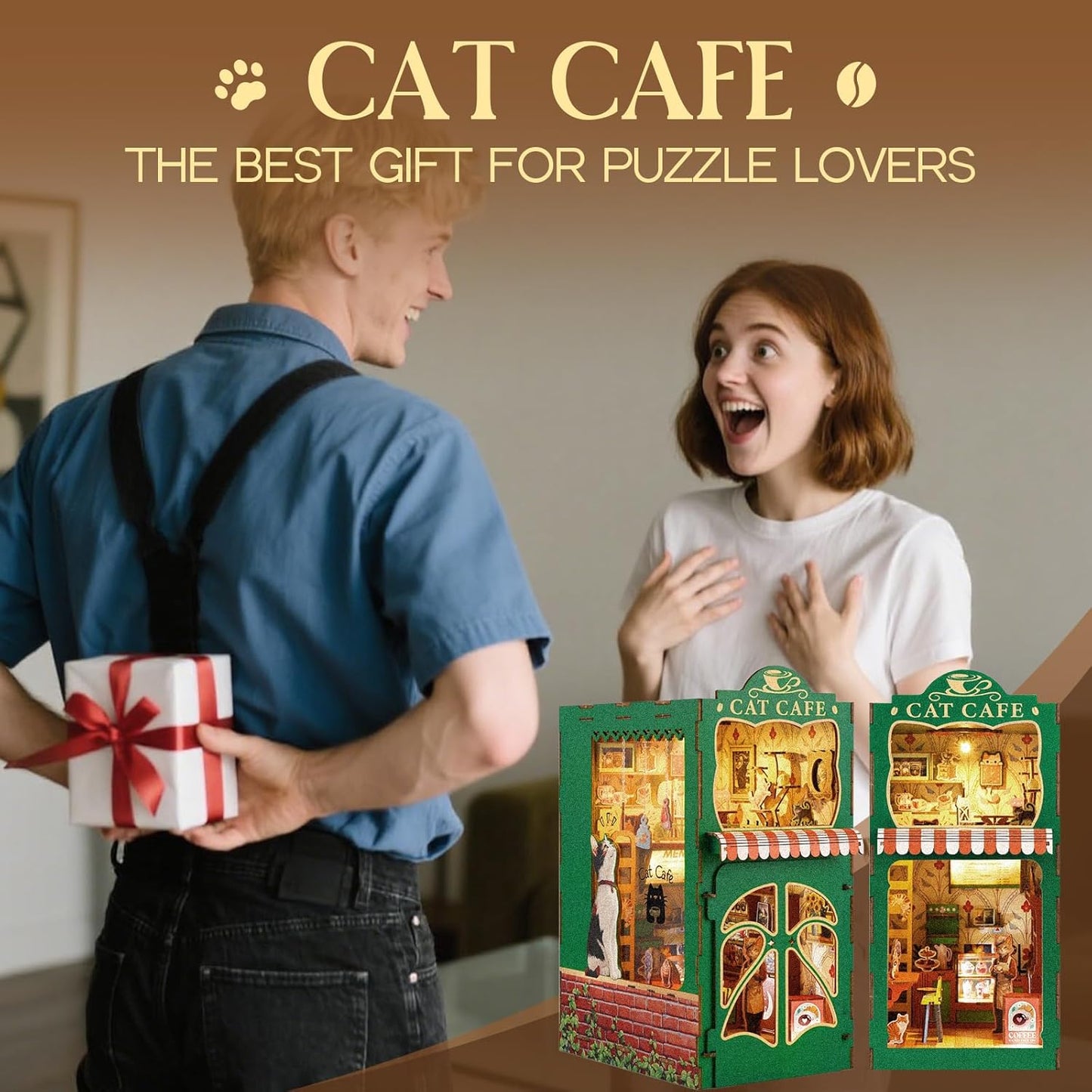 Skiennix Book Nook Kit - DIY Miniature Cat Cafe House for Adults & Teens | 3D Wooden Puzzle Decor