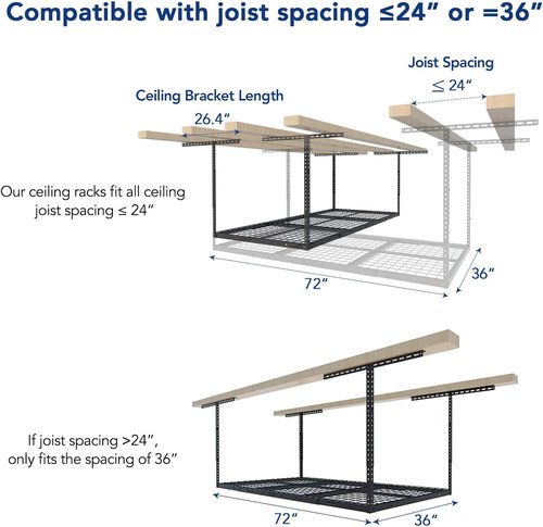FLEXIMOUNTS Overhead Garage Storage Rack - Adjustable Ceiling Mount | 72" L x 36" W x 40" H | 900lbs Capacity - Black