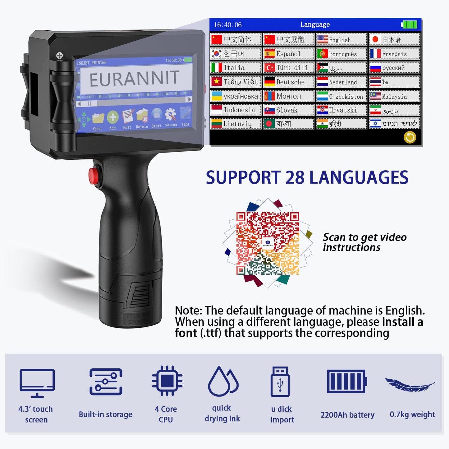 Eurannit E15-1 Portable Inkjet Printer - 4.3" Touchscreen for Text, Logo, Date, Barcode, QR Code | Includes 25.4mm (1") Ink Cartridge & Protective Carrying Case