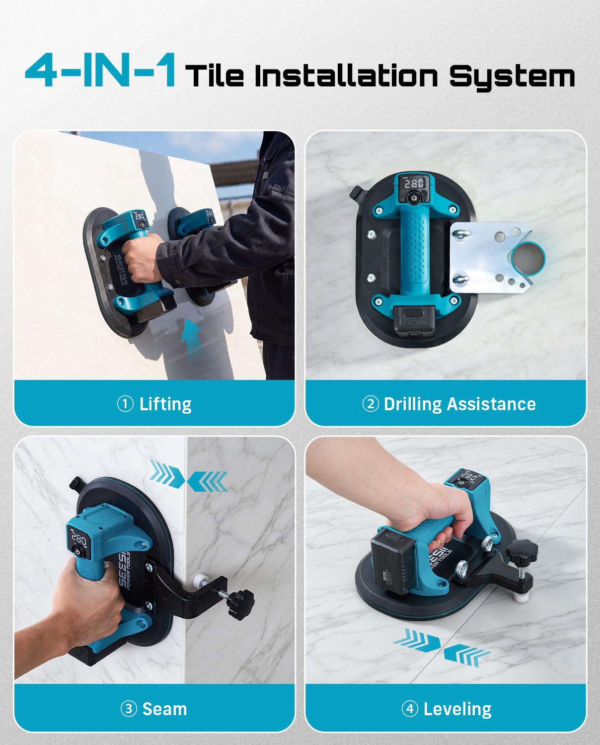 SEESII 4-in-1 Electric Suction Cups for Tile Lifting, Drill, Seam & Leveling: 10" Large Glass Suction Cup, Heavy Duty Vacuum Lifter with 280KG/617LBS Max Load, 4X 3000mAh Batteries, Digital Display