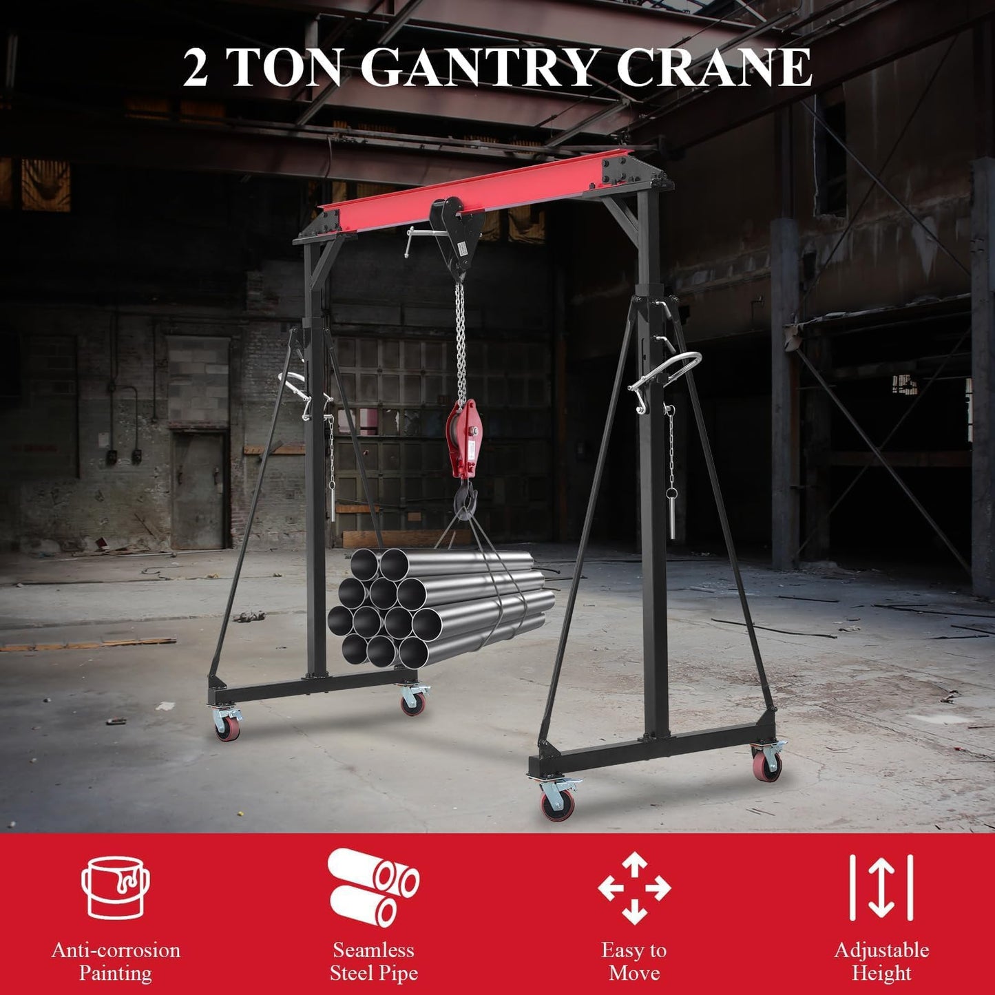 2 Ton Gantry Crane Compatible with Trolley, 4400 LBS Adjustable Height 8-12 FT Steel Shop Crane with Locking Casters, Heavy Duty Shop Lift Hoist for Workshop, Garage, Warehouse