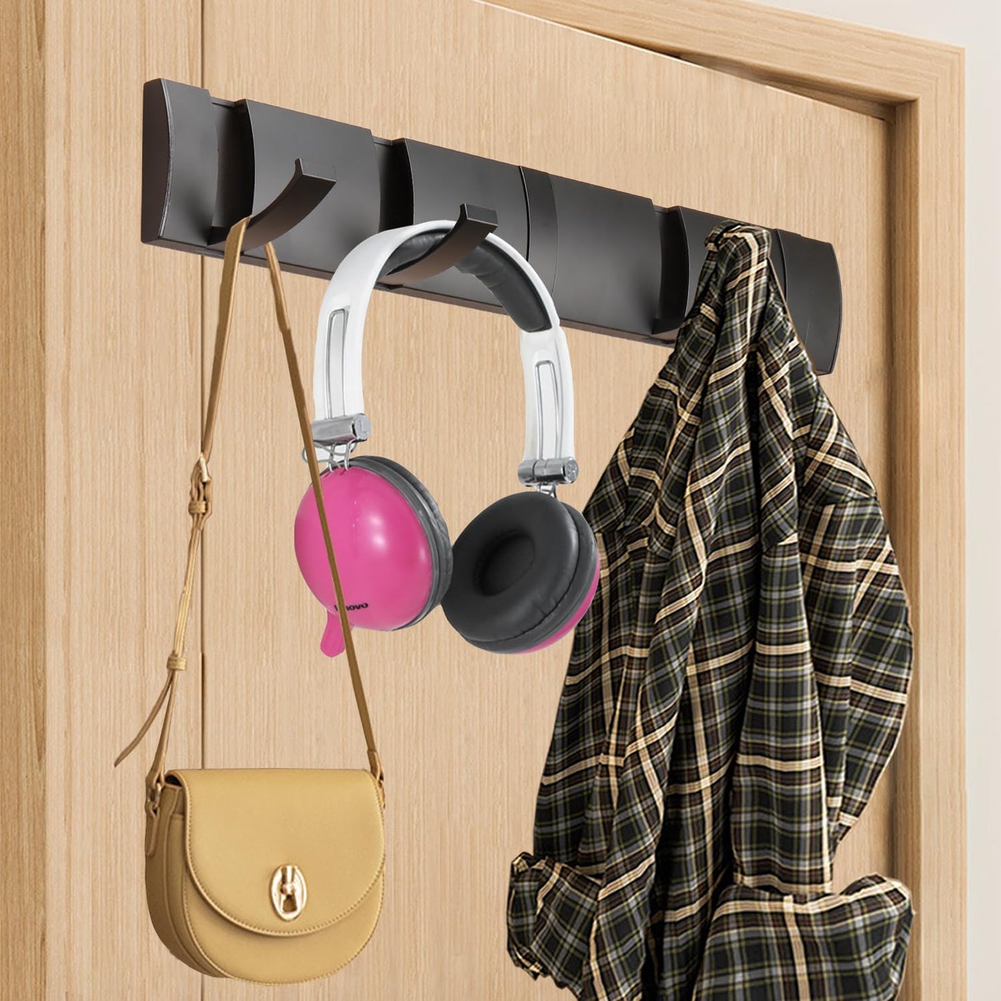 Vanloory Folding Coat Hooks, Wall Mounted Coat Rack with 5 Retractable Hooks, Heavy Duty Towel Rack for Bathroom Wall Hook for Hanging Clothes Bathrobe, Stainless Steel Coat Hanger for Entryway(Black)