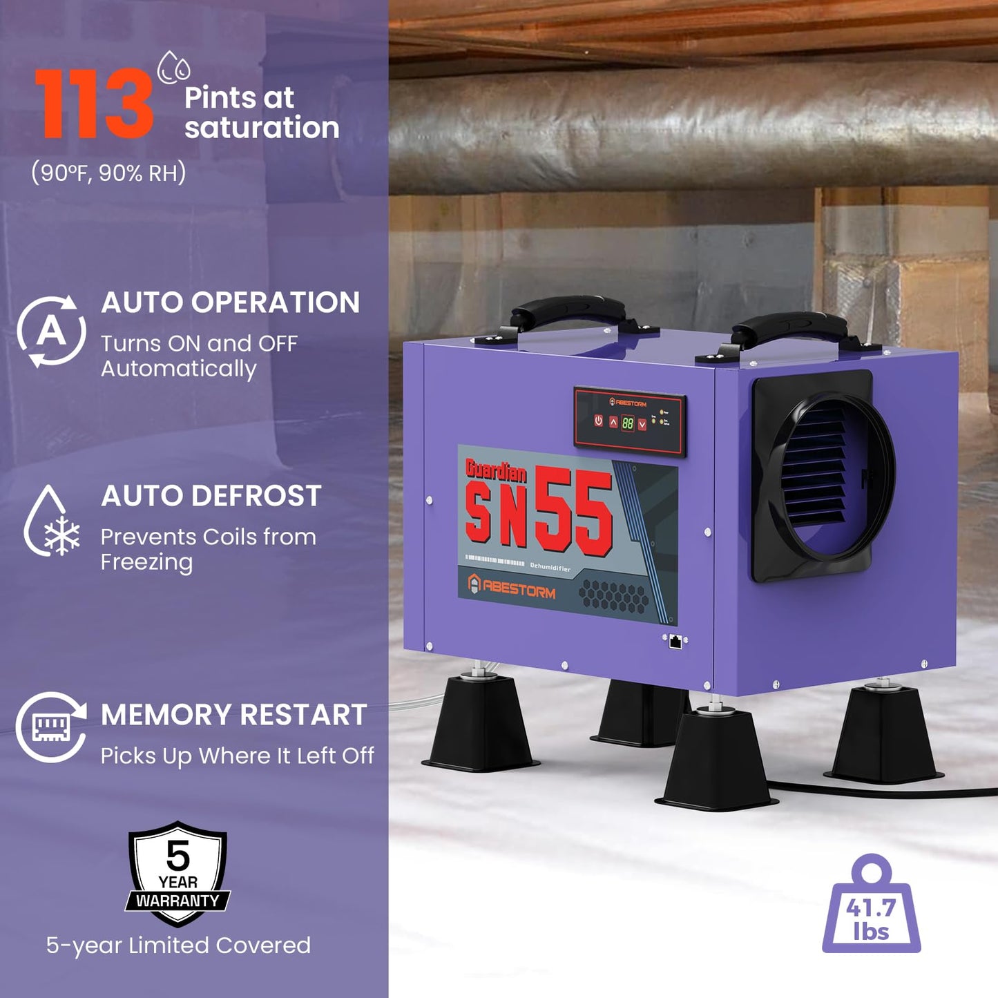 Abestorm Crawl Space Dehumidifier with Hose, 113 Pint Commercial Dehumidifiers Up to 1,200 sq. ft. for Basement, Under House, Humidity Control, Auto Defrosting, Memory Starting(Guardian SN55)