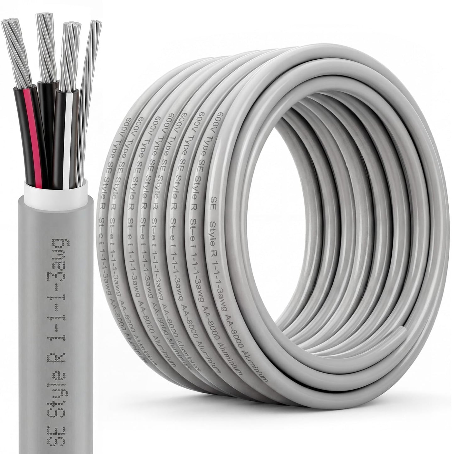 FairySandy 100' 1-1-1-3 SER Aluminum Service Entrance Cable 600V, 100 Amp, XHHW-2 Insulation, Gray PVC Jacket, 1-1-1-3 Aluminum Wire for Mobile Homes