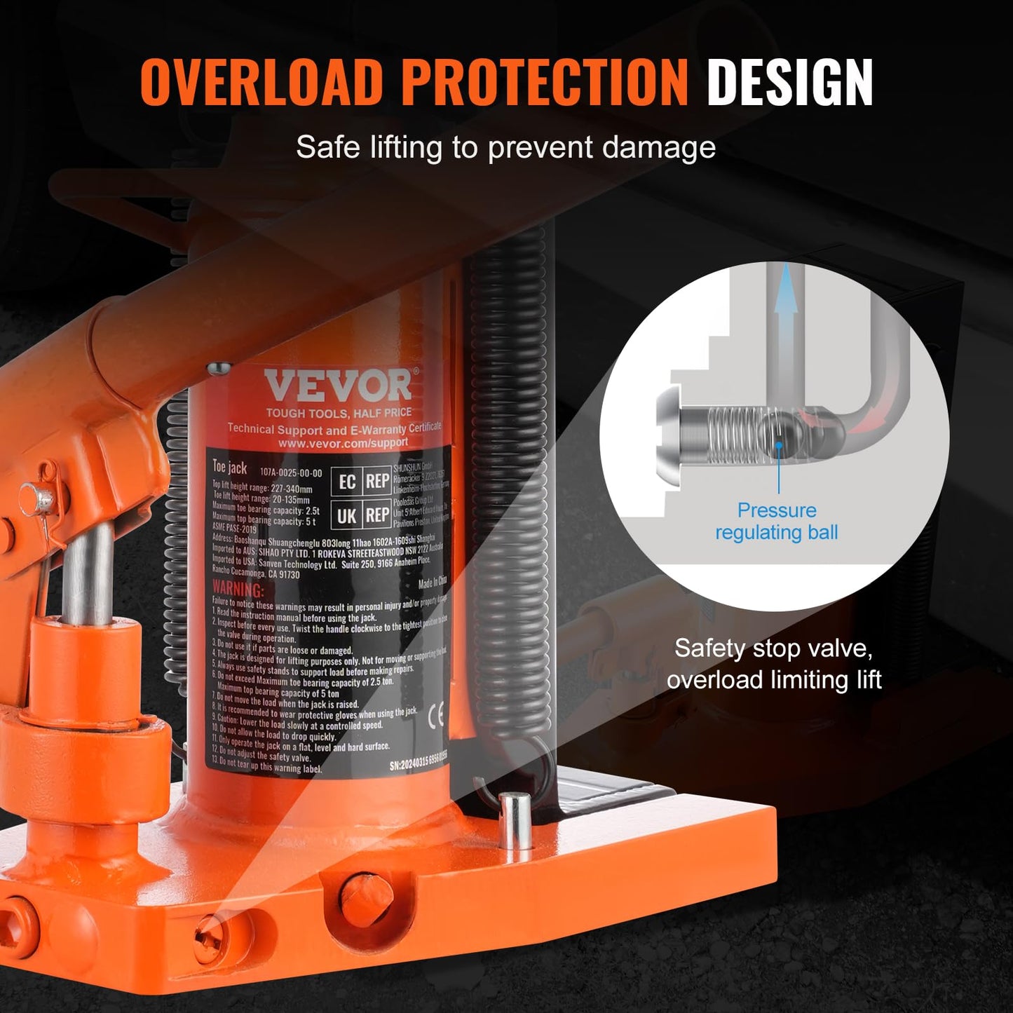 VEVOR Hydraulic Jack, 2.5 Ton Toe Lift, 5 Ton Top Lift, 0.8-5.3 in Toe Height, 8.9-13.4 in Top Height, Air Hydraulic Claw Jack for Machinery, Industry