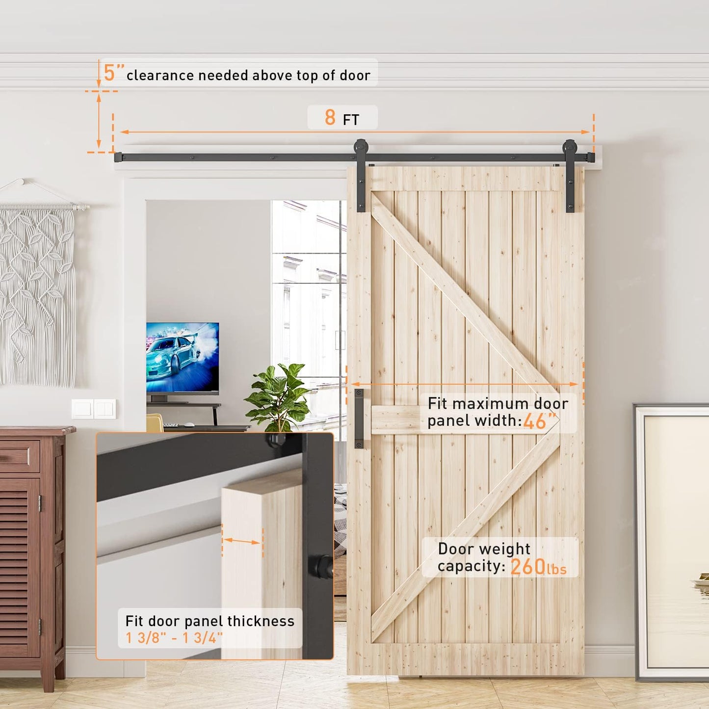 Signstek 8FT Sliding Barn Door Hardware Kit Heavy Duty with Door Hook, Adjustable Floor Guide and 2 Handles -Easy to Install, Smoothly and Quietly, Fit 1 3/8-1 3/4" Thickness -Black, I Shape Hanger