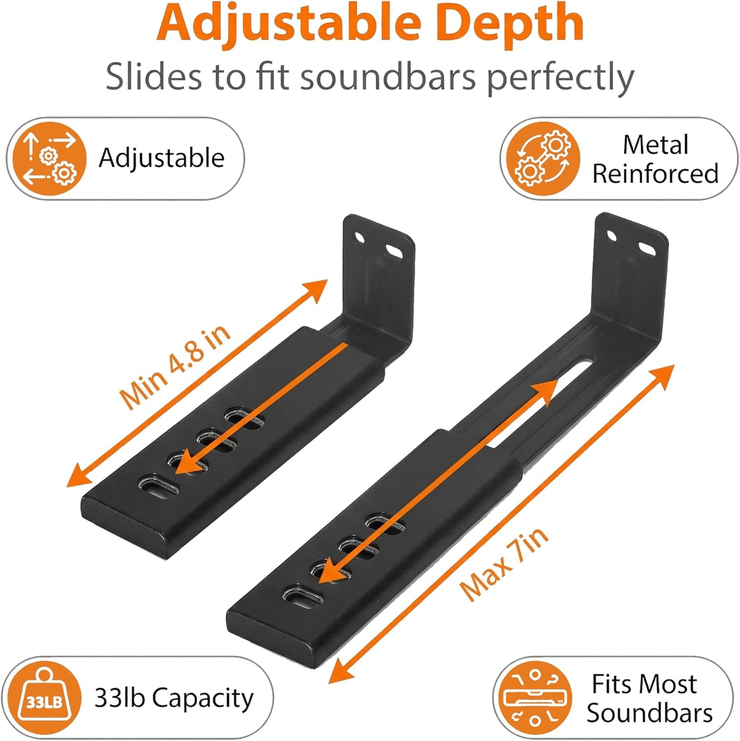 TERDEWE Depth Adjustabl Soundbar Wall Mount Bracket for Samsung, Sony, LG, Vizio, Bose, JBL and More Sound Bar Mounts