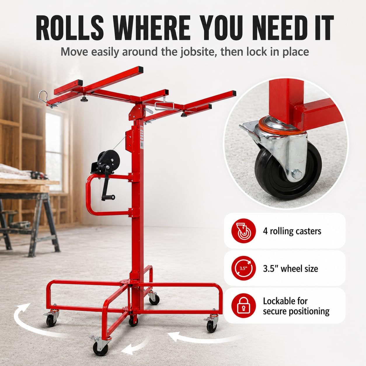 ELOMBR 16FT Drywall Lift Sheetrock Lift, Panel Hoist with 4 Lockable Wheels for Ceiling, Drywall Rolling Lifter Panel, 150LBS Drywall Jack Lift for Home & Commercial Use, Red