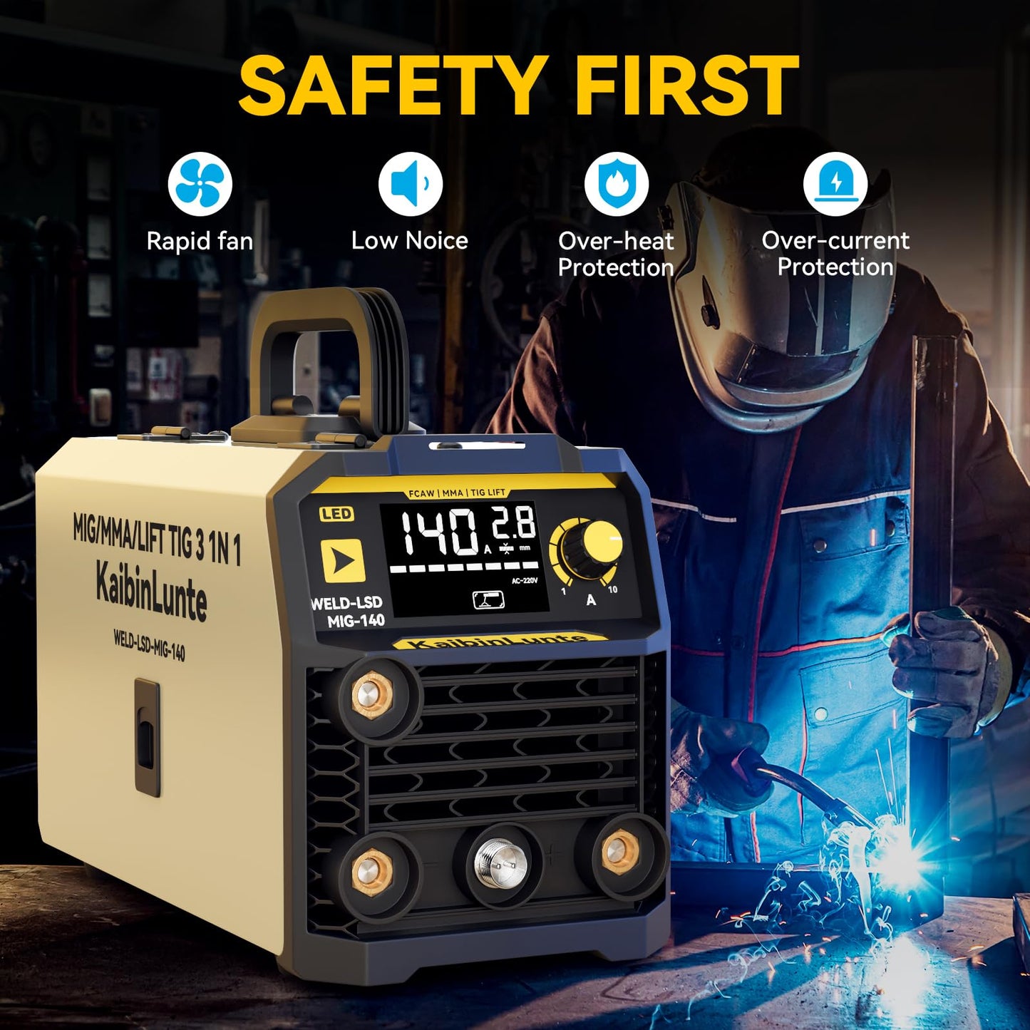 140A MIG Welder,Gasless/Lift TIG/MMA 3 in 1 Multi-process Synergic Control Welding Machine LED Digital Display 110V/220V Dual Voltage