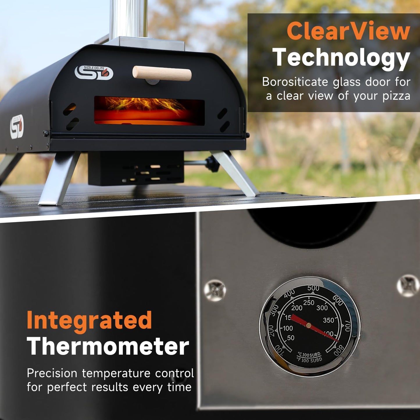 SizzleDelite Outdoor Pizza Oven Wood Pellet 12" Round Pizza Stone, Portable Wood Fired with Built-in Thermometer Pizza Stove, Stainless Steel Pizza Maker for Outside, Backyard, Camping - Black