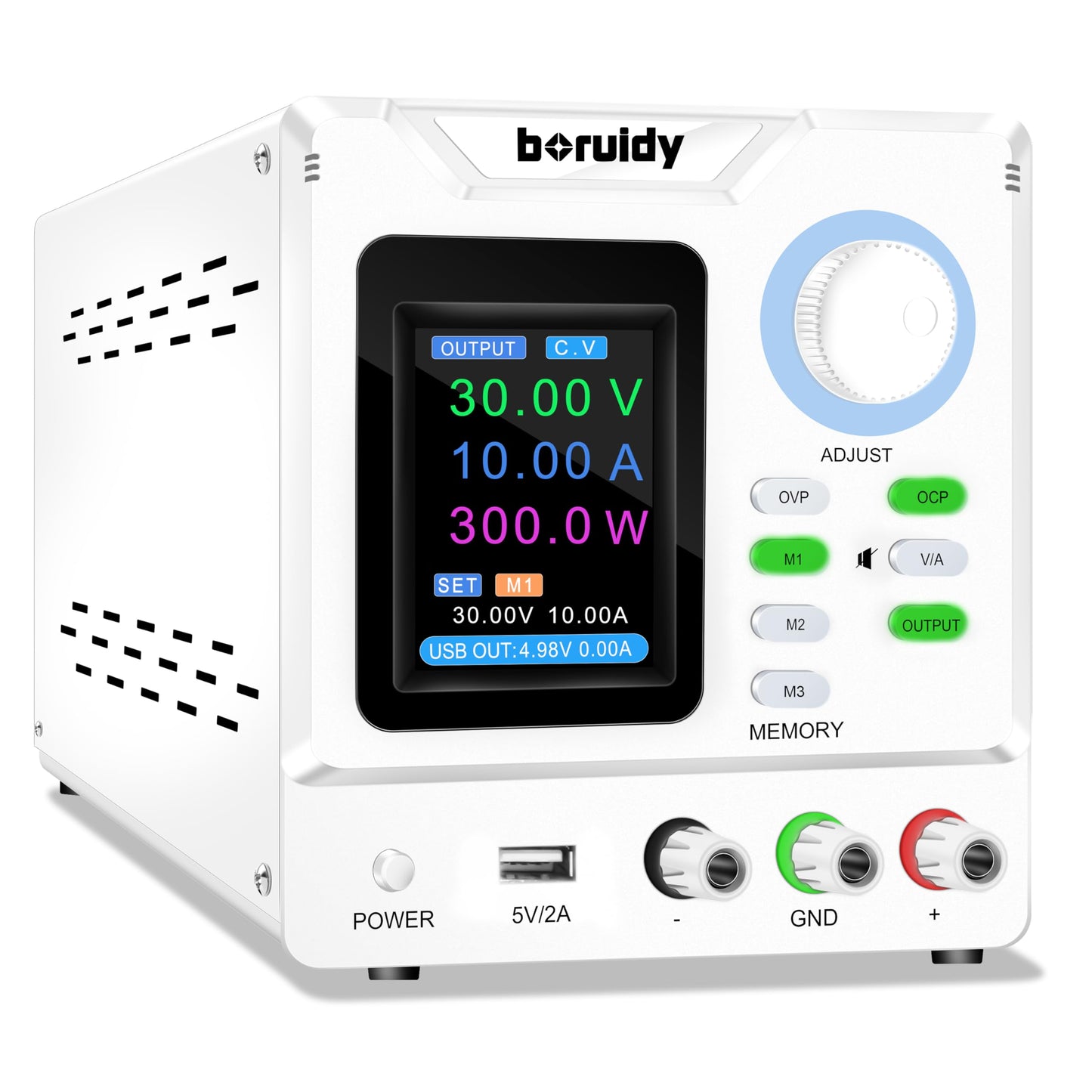 DC Power Supply Variable 30V 10A,boruidy 300W Encoder Adjustable Switching Regulated High Precision 4-Digits TFT Display 5V/2A USB Port Bench Lab Power Supplies with OCP OVP Output Memory Button