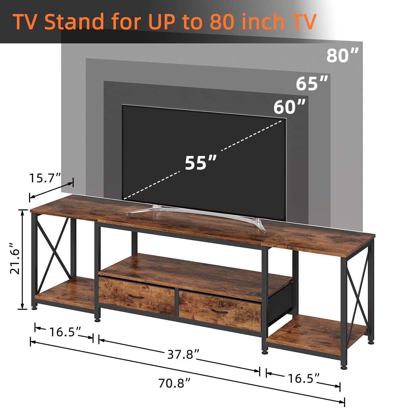 GYIIYUO TV Stand with Fabric Drawers - Entertainment Center and Industrial Console Table with Open Storage Shelves for Living Room, Bedroom - 71.5" Rustic Brown